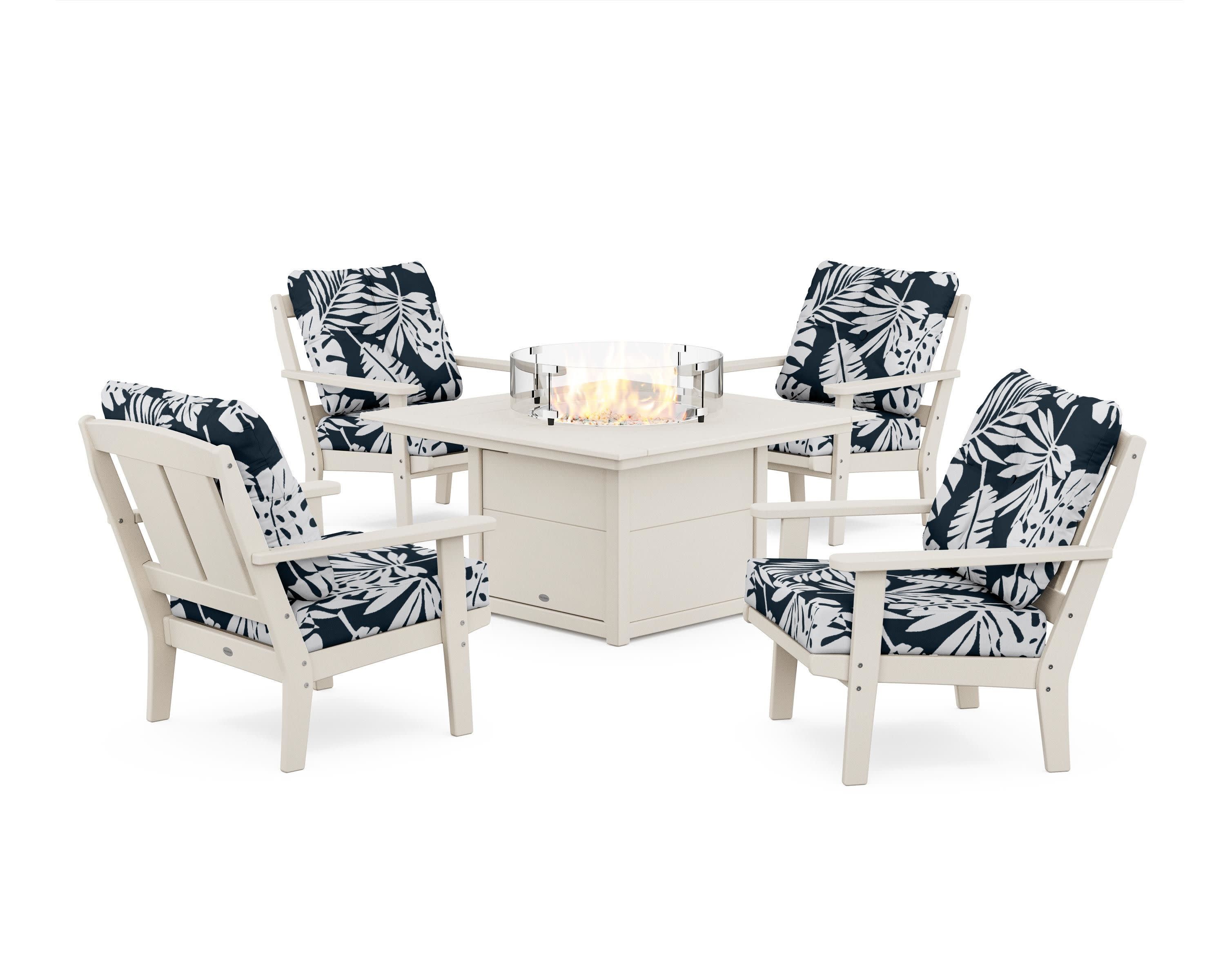 Mission 5-Piece Deep Seating Set with Fire Pit Table in Sand / Leaf Marine Indigo