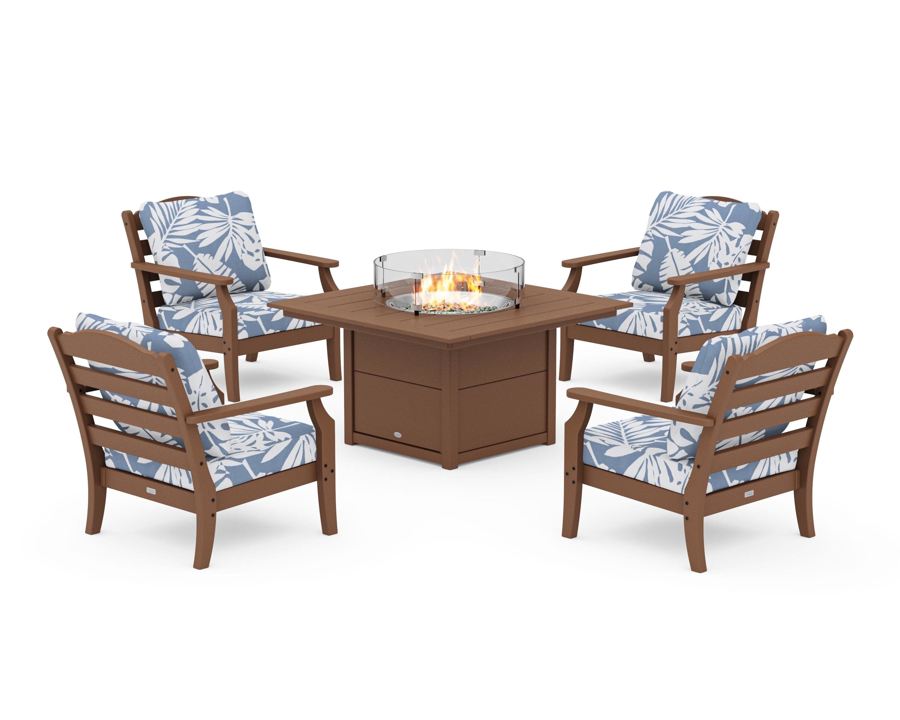 Savannah 5-Piece Deep Seating Set with Fire Pit Table in Teak / Leaf Sky Blue