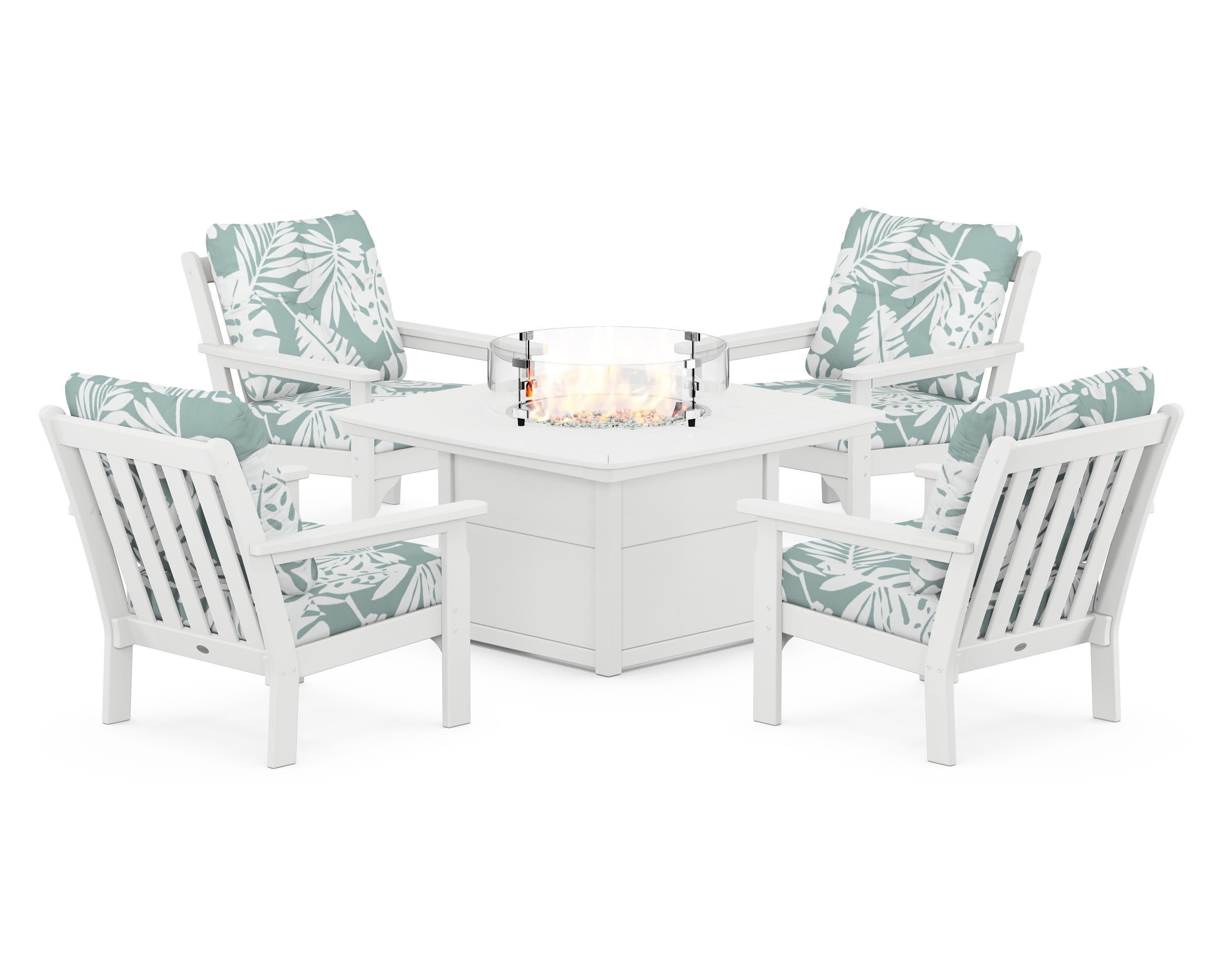 Vineyard 5-Piece Conversation Set with Fire Pit Table in White / Leaf Glacier Spa