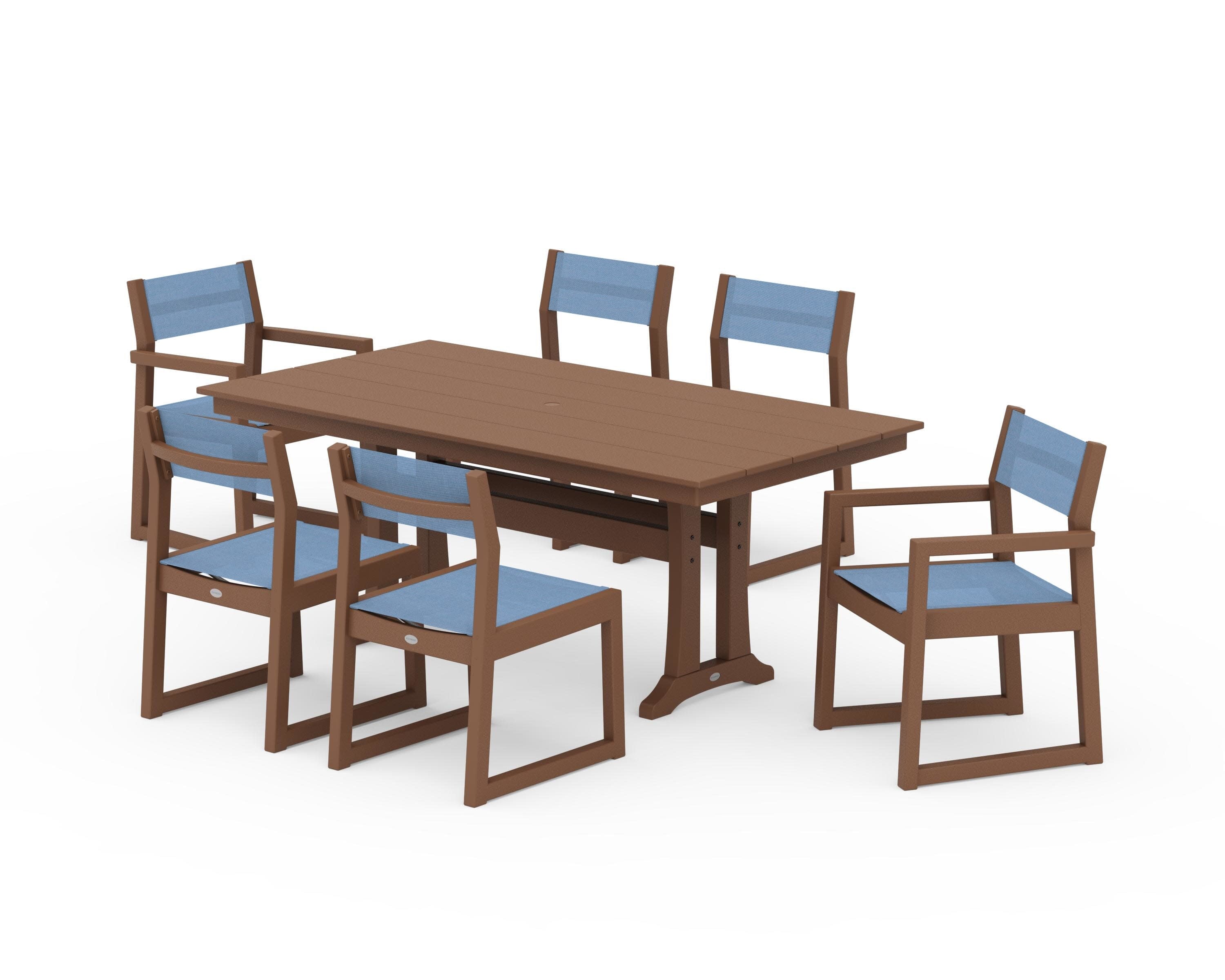 EDGE Sling 7-Piece Farmhouse Trestle Dining Set in Teak / Poolside Sling