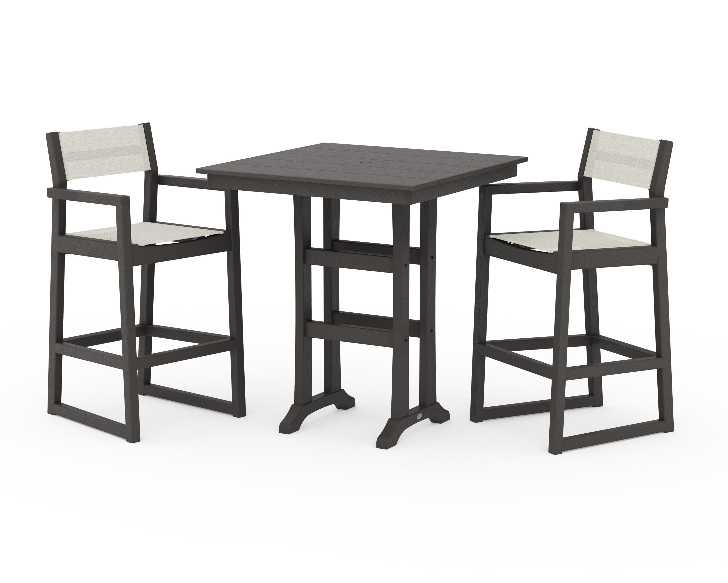 EDGE Sling Arm Chair 3-Piece Farmhouse Bar Set with Trestle Legs in Vintage Coffee / Parchment Sling
