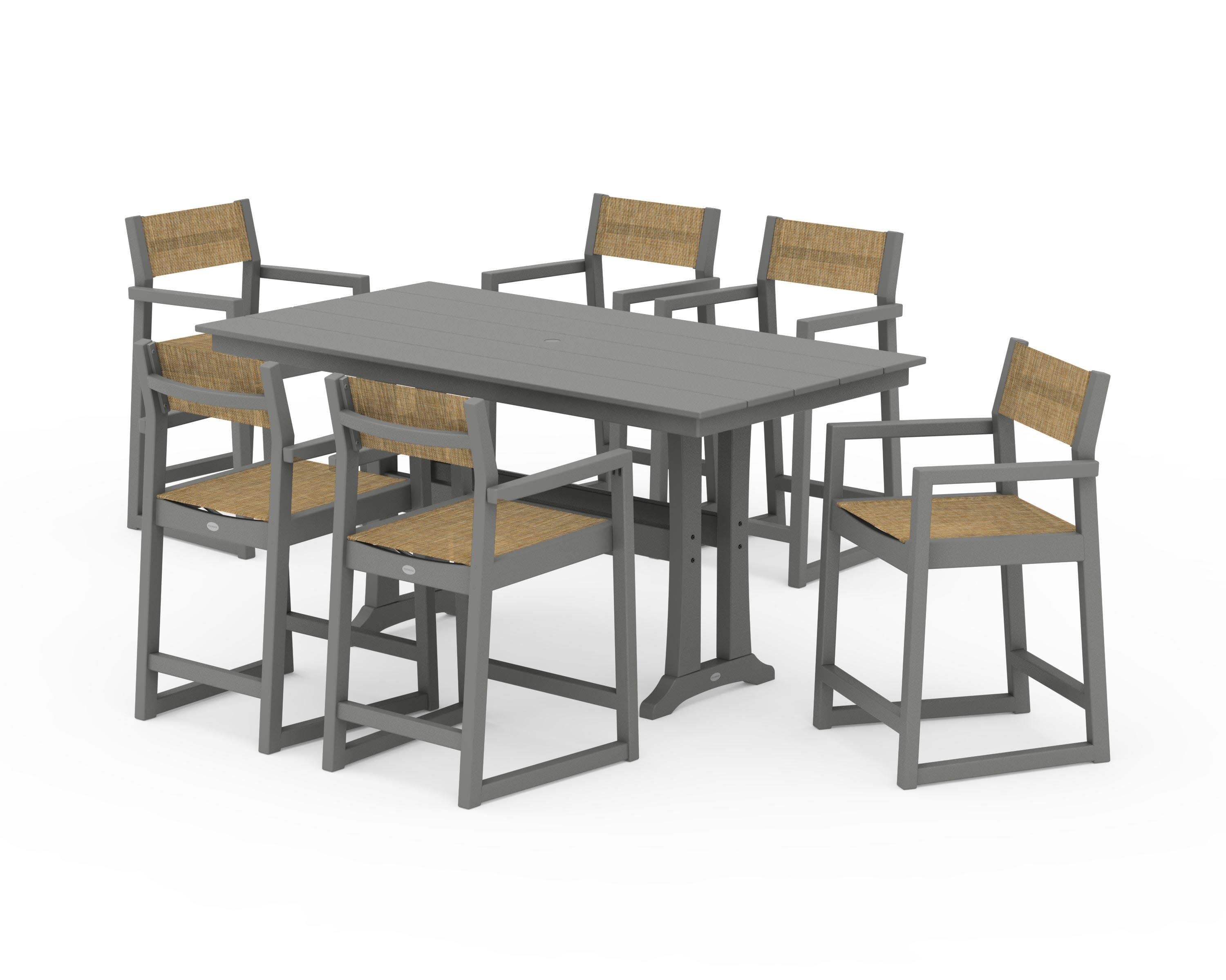 EDGE Sling Arm Chair 7-Piece Farmhouse Counter Set with Trestle Legs in Slate Grey / Burlap Sling
