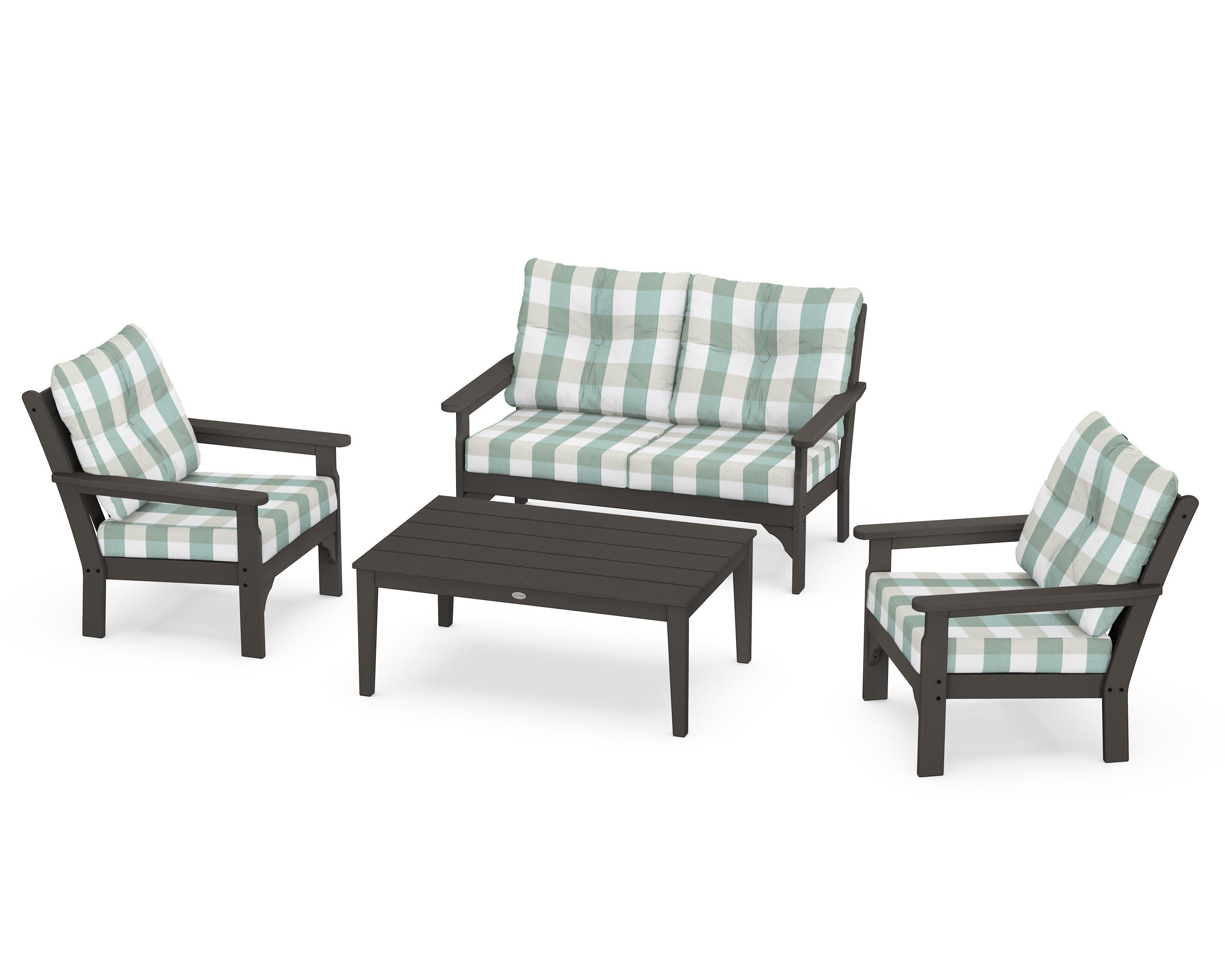 Vineyard 4-Piece Deep Seating Set in Vintage Coffee / Buffalo Plaid Glacier Spa