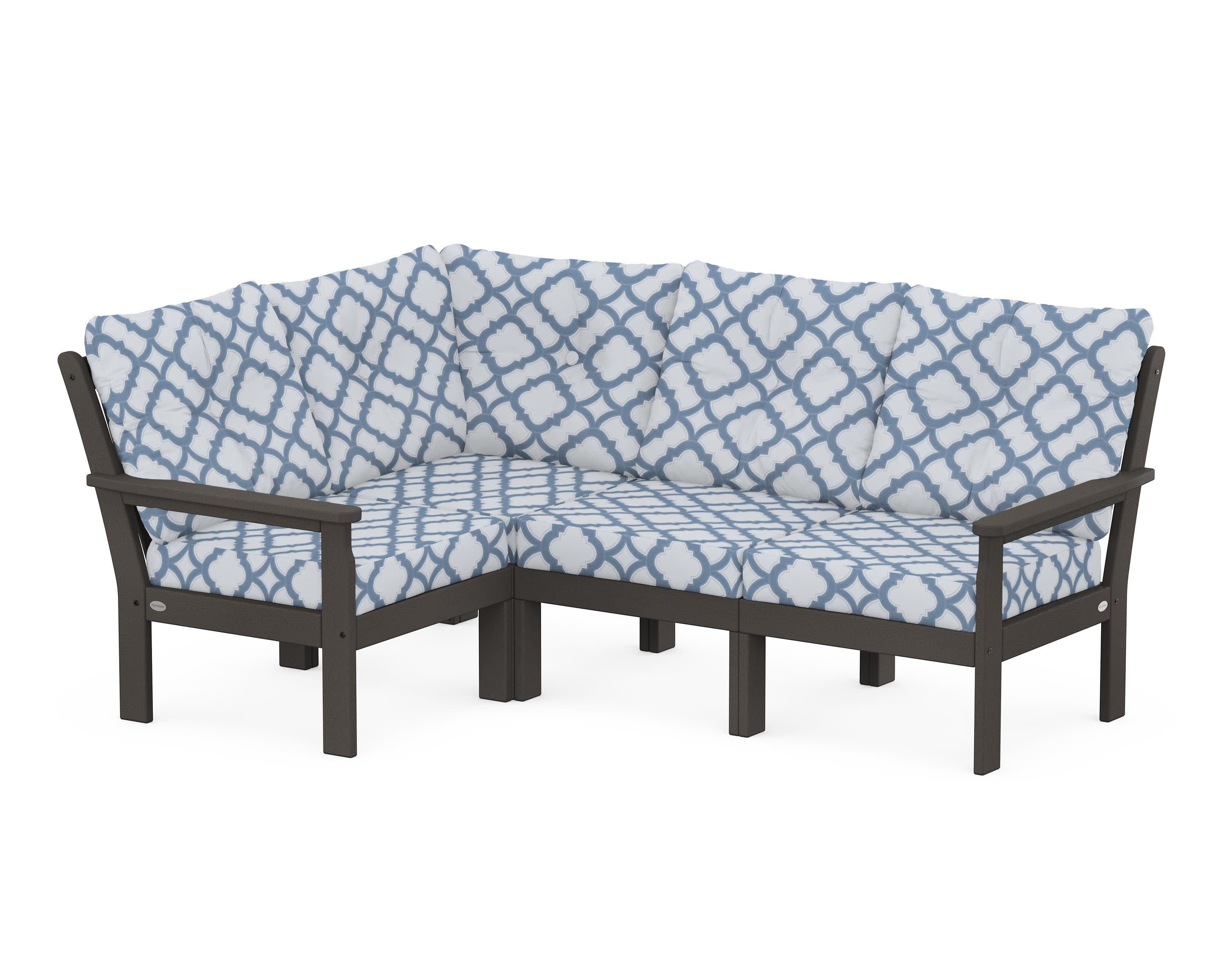 Vineyard 4-Piece Sectional in Vintage Coffee / Trellis Sky Blue