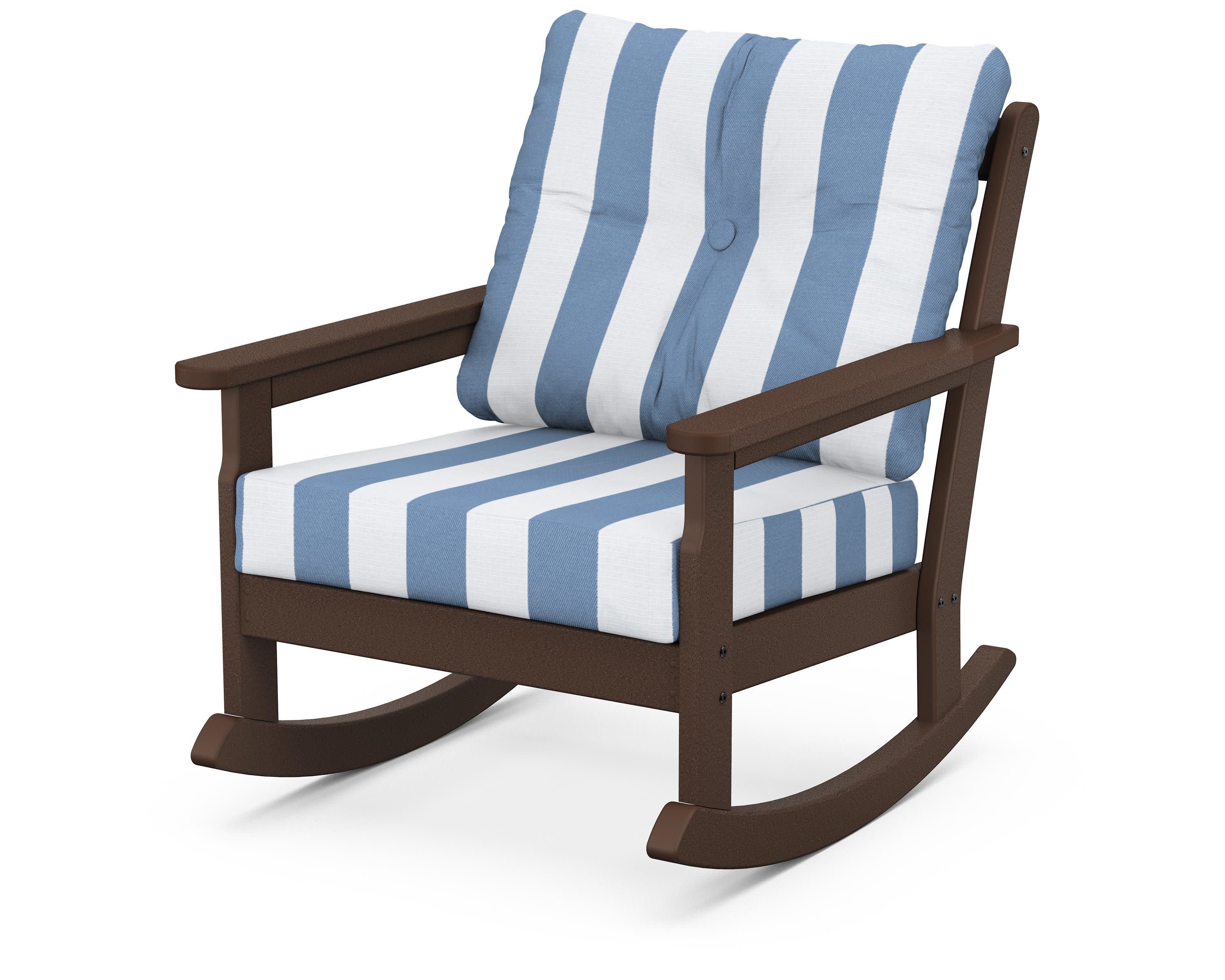 Vineyard Deep Seating Rocking Chair in Mahogany / Cabana Stripe Sky Blue