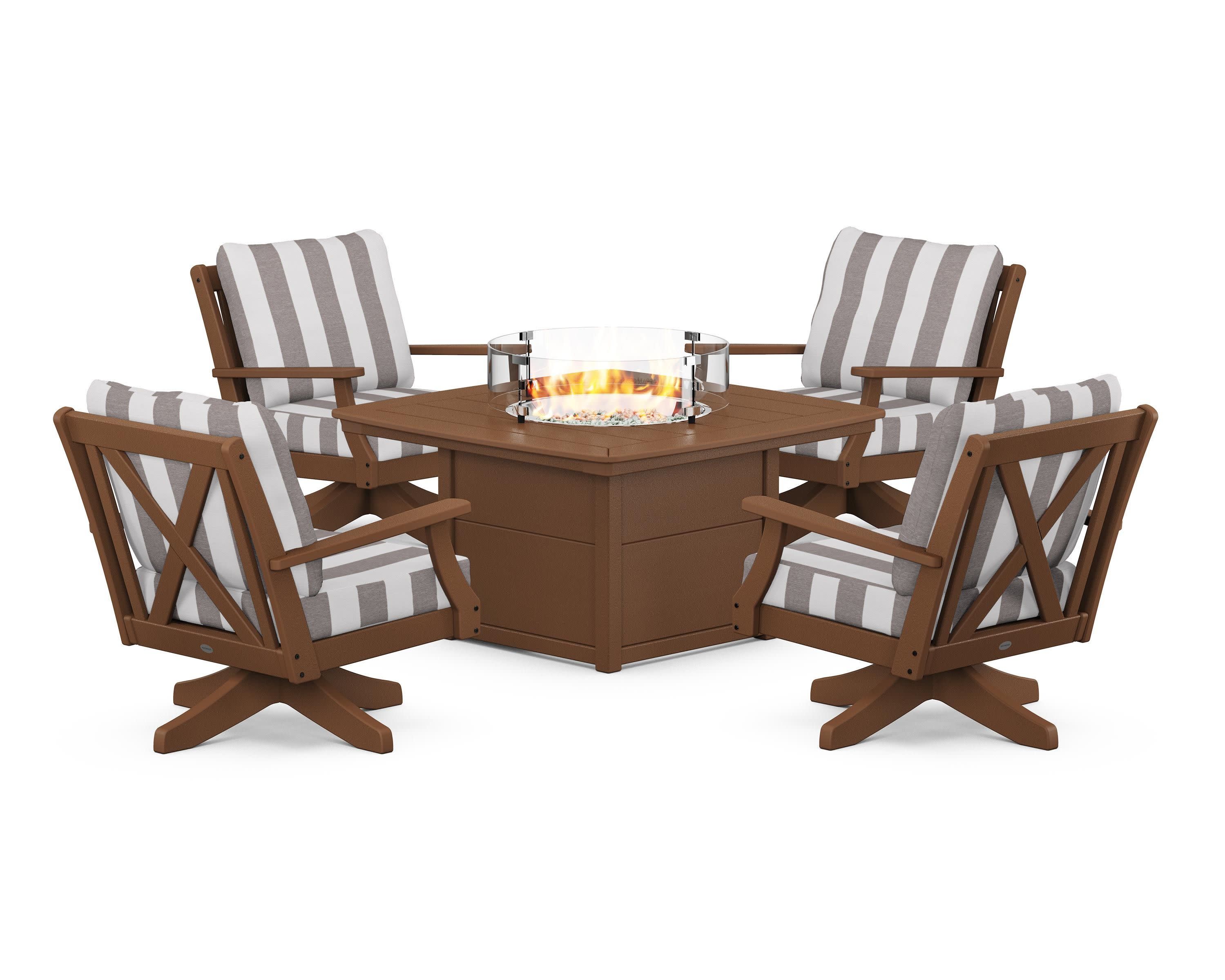 Braxton 5-Piece Deep Seating Swivel Conversation Set with Fire Pit Table in Teak / Cabana Stripe Grey Mist