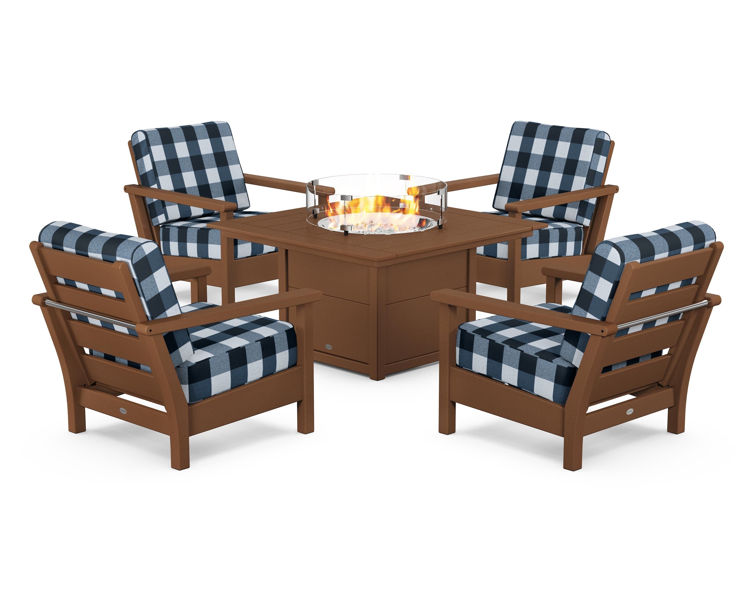 Harbour 5-Piece Conversation Set with Fire Pit Table in Teak / Buffalo Plaid Marine Indigo