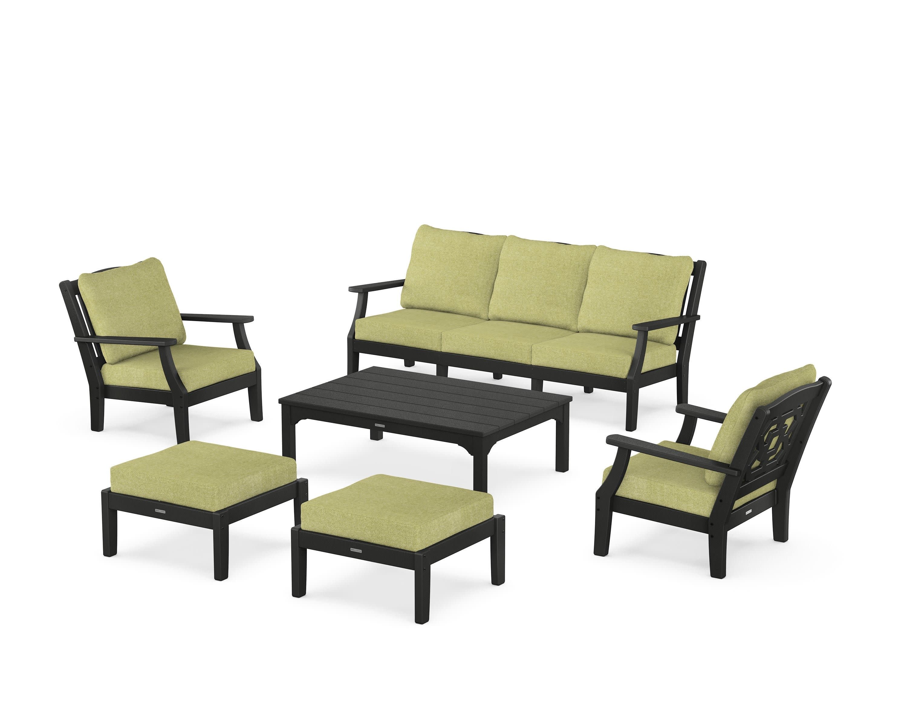 Chinoiserie 6-Piece Lounge Sofa Set in Black / Chartreuse Boucle
