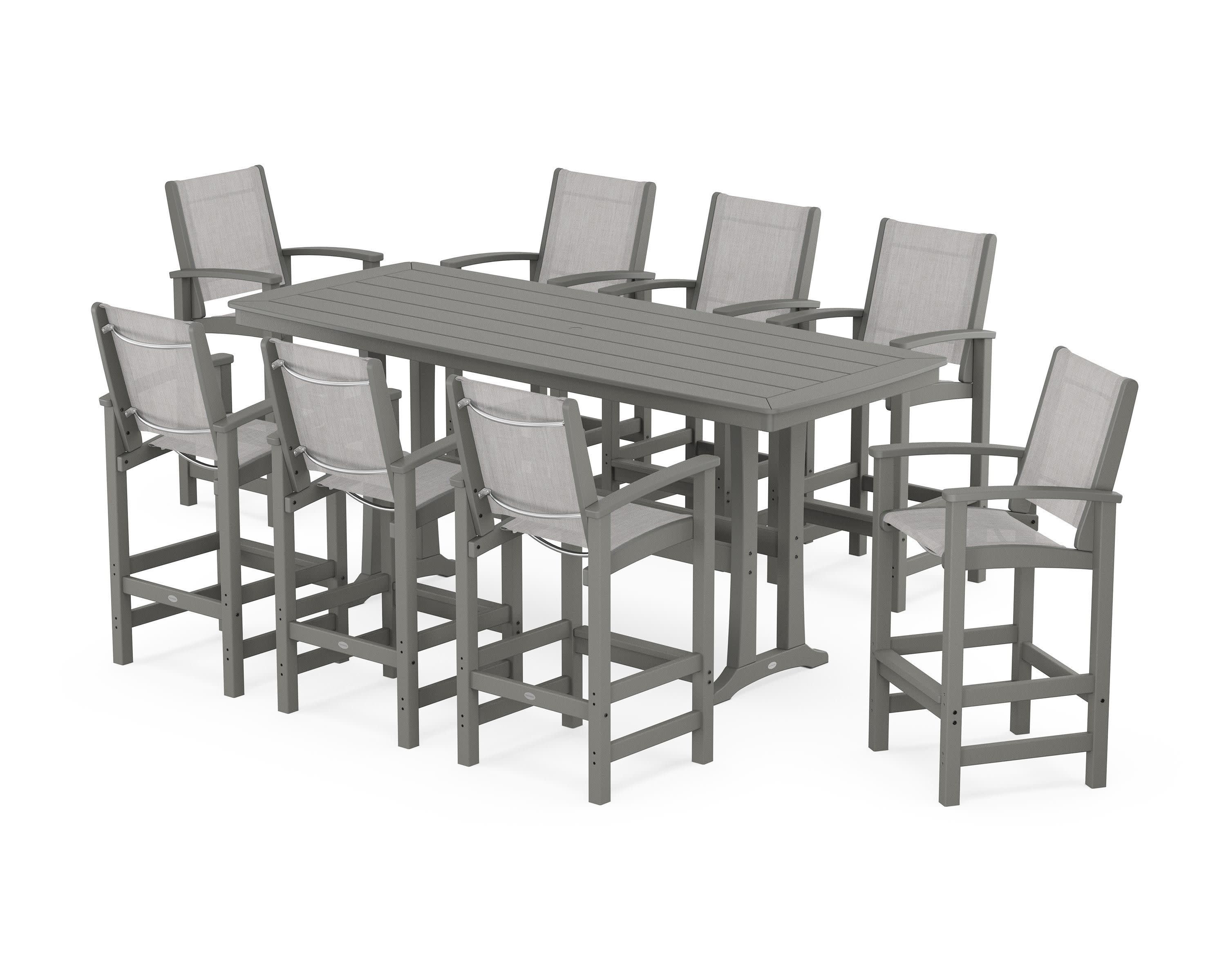 Coastal 9-Piece Bar Set with Trestle Legs in Slate Grey / Parchment Sling