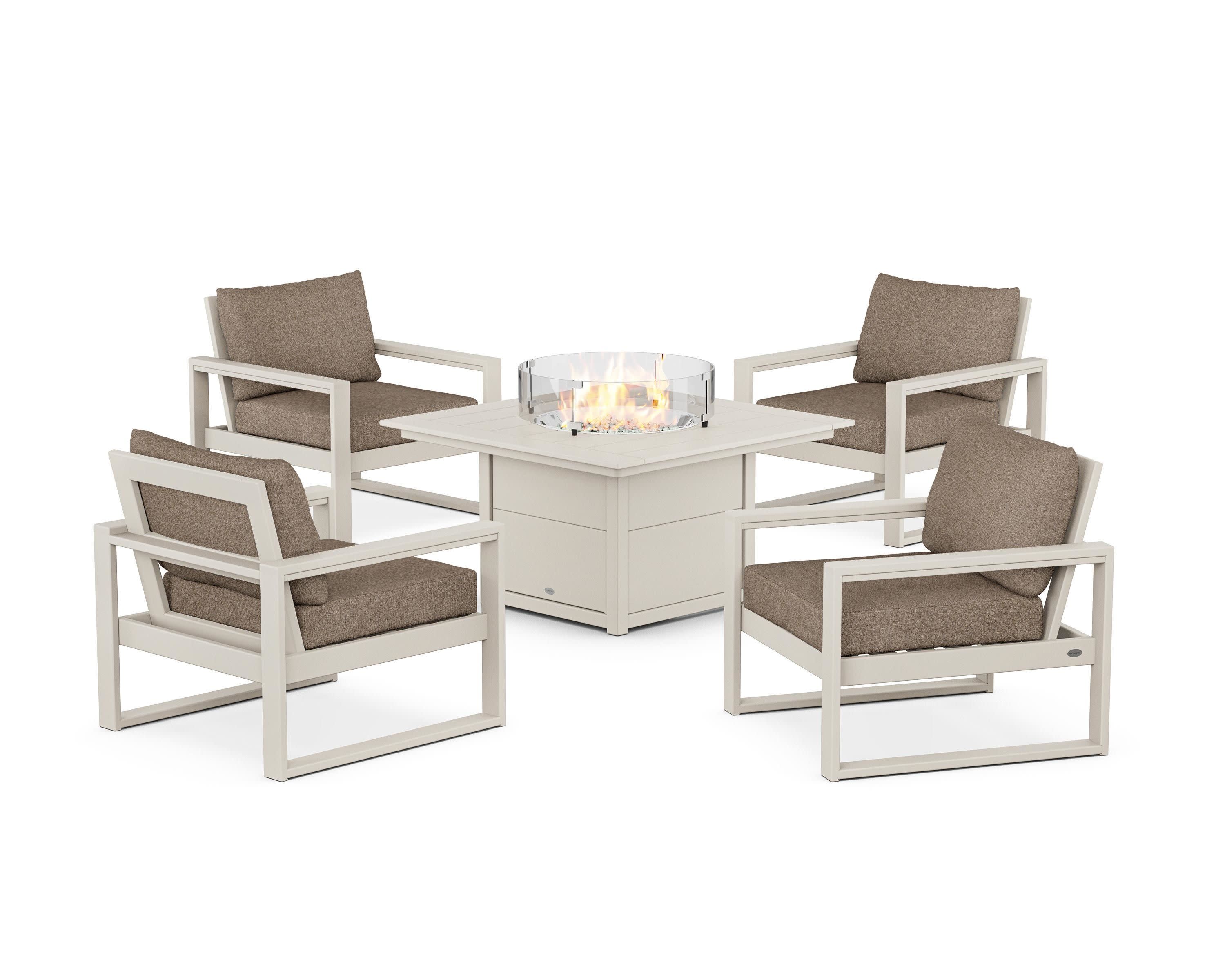 EDGE Sectional 5-Piece Deep Seating Set with Fire Pit Table in Sand / Spiced Burlap