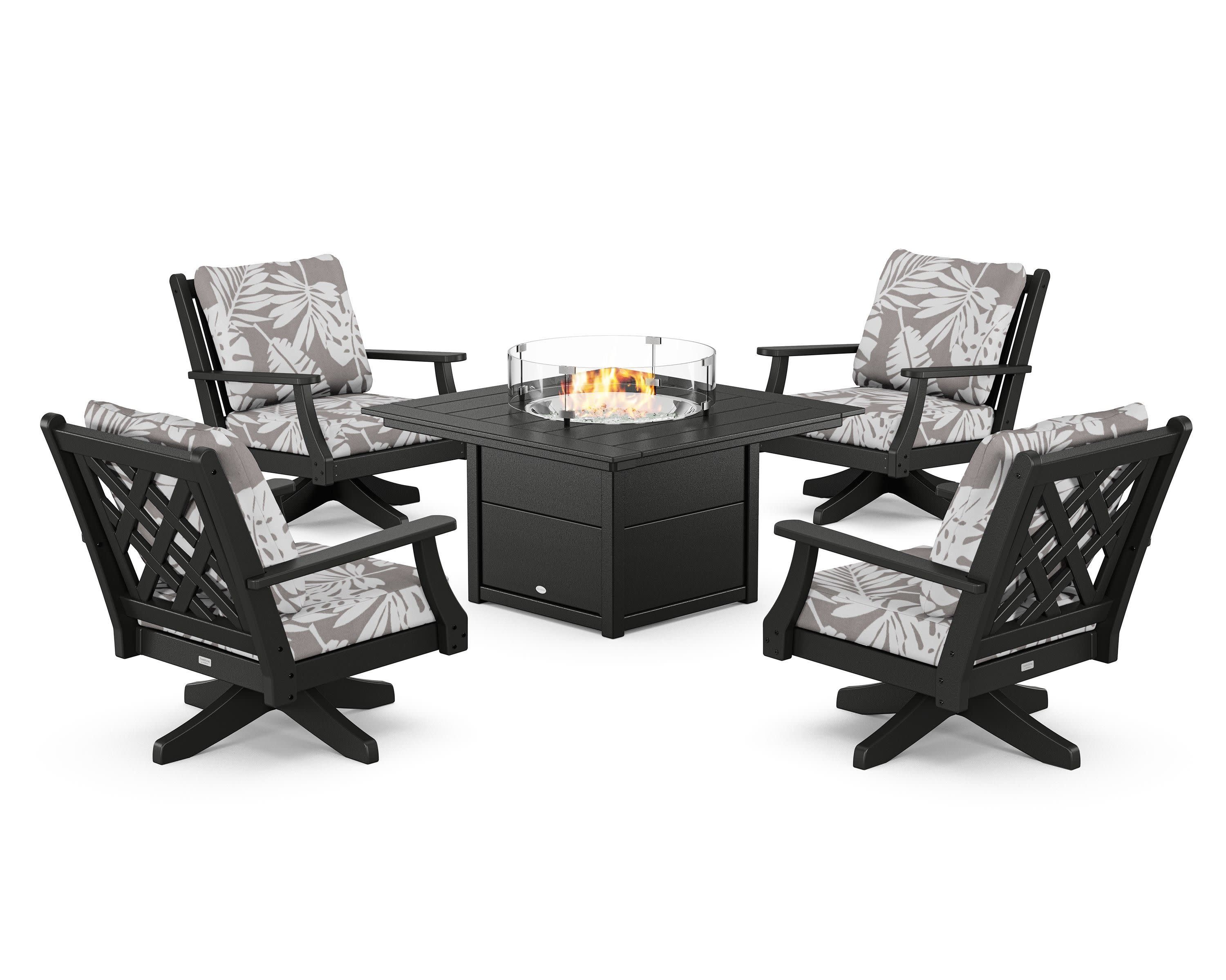 Wovendale 5-Piece Deep Seating Swivel Conversation Set with Fire Pit Table in Black / Leaf Grey Mist