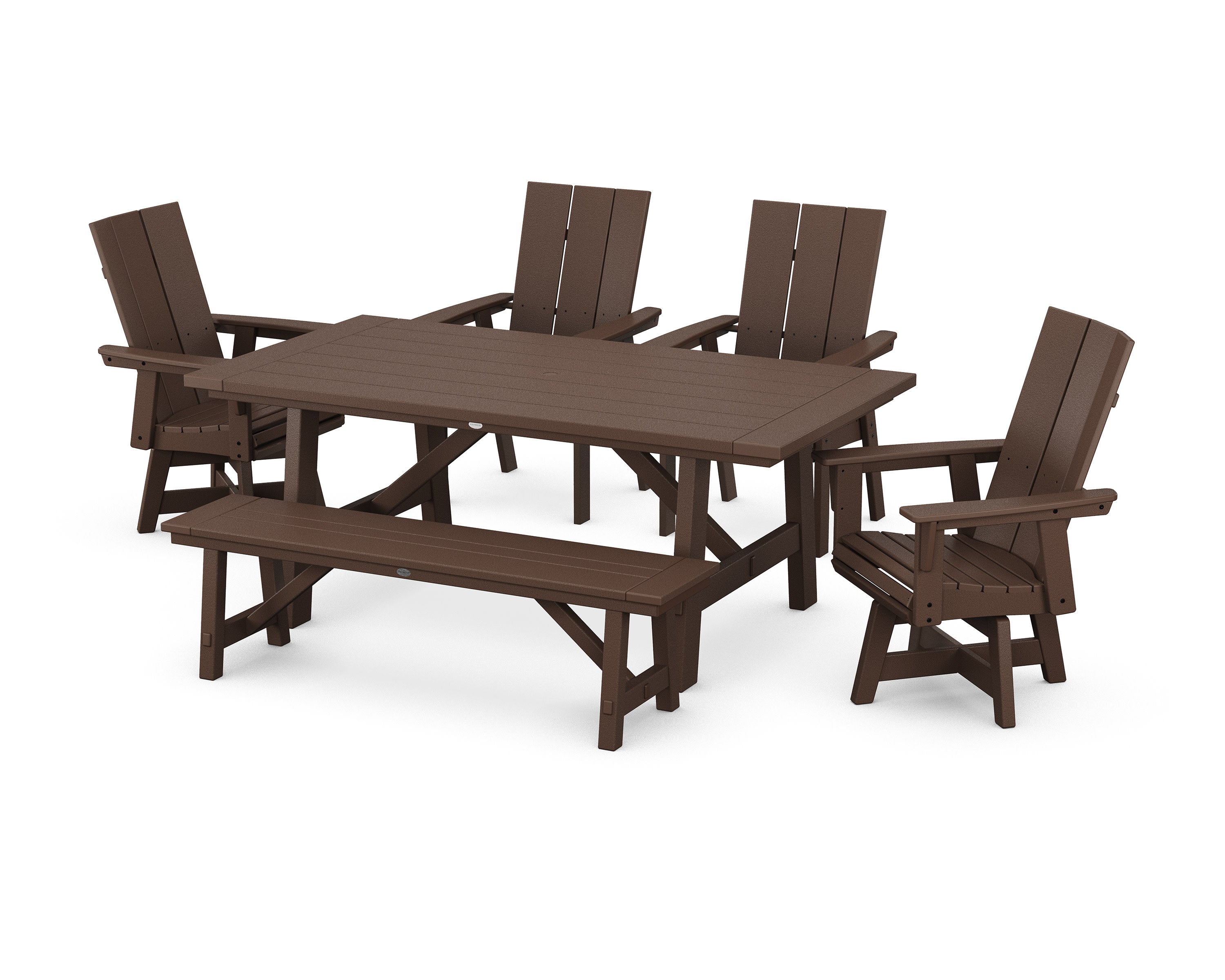 Modern Curveback Adirondack Swivel Chair 6-Piece Rustic Farmhouse Dining Set with Bench in Mahogany