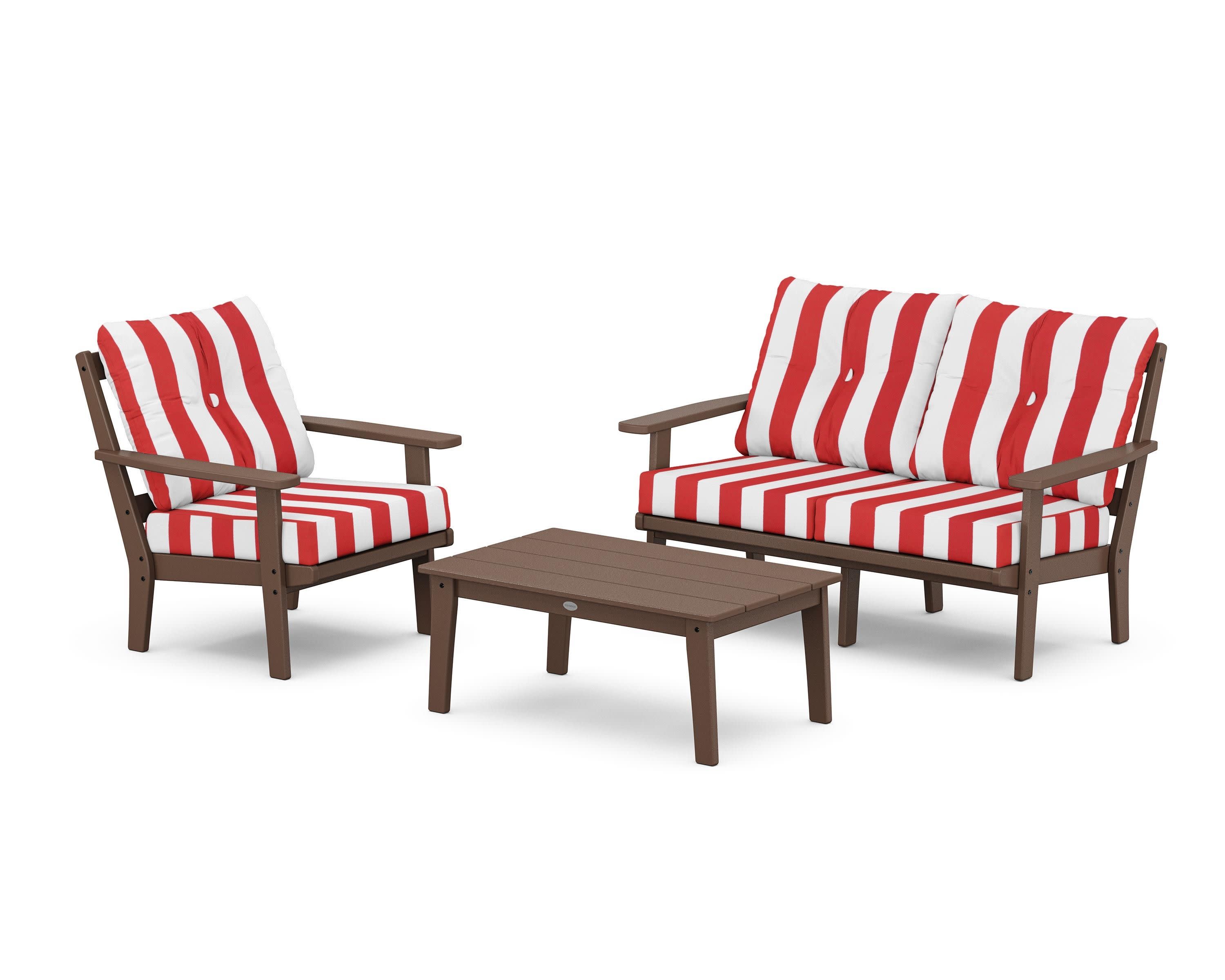 Oxford 3-Piece Deep Seating Set with Loveseat in Mahogany / Cabana Stripe Crimson