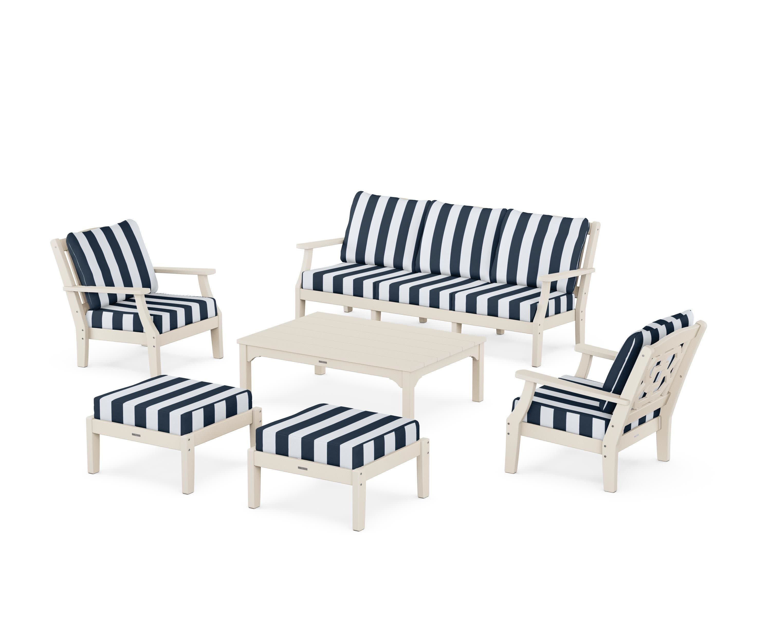 Chinoiserie 6-Piece Lounge Sofa Set in Sand / Cabana Stripe Marine Indigo