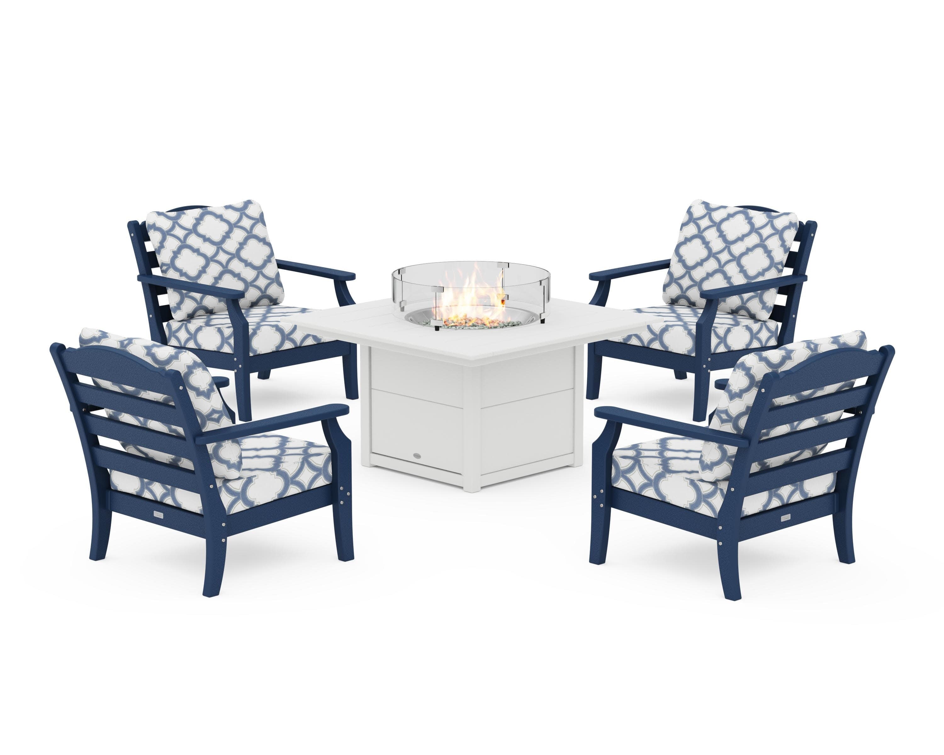 Savannah 5-Piece Deep Seating Set with Fire Pit Table in Navy / Trellis Sky Blue