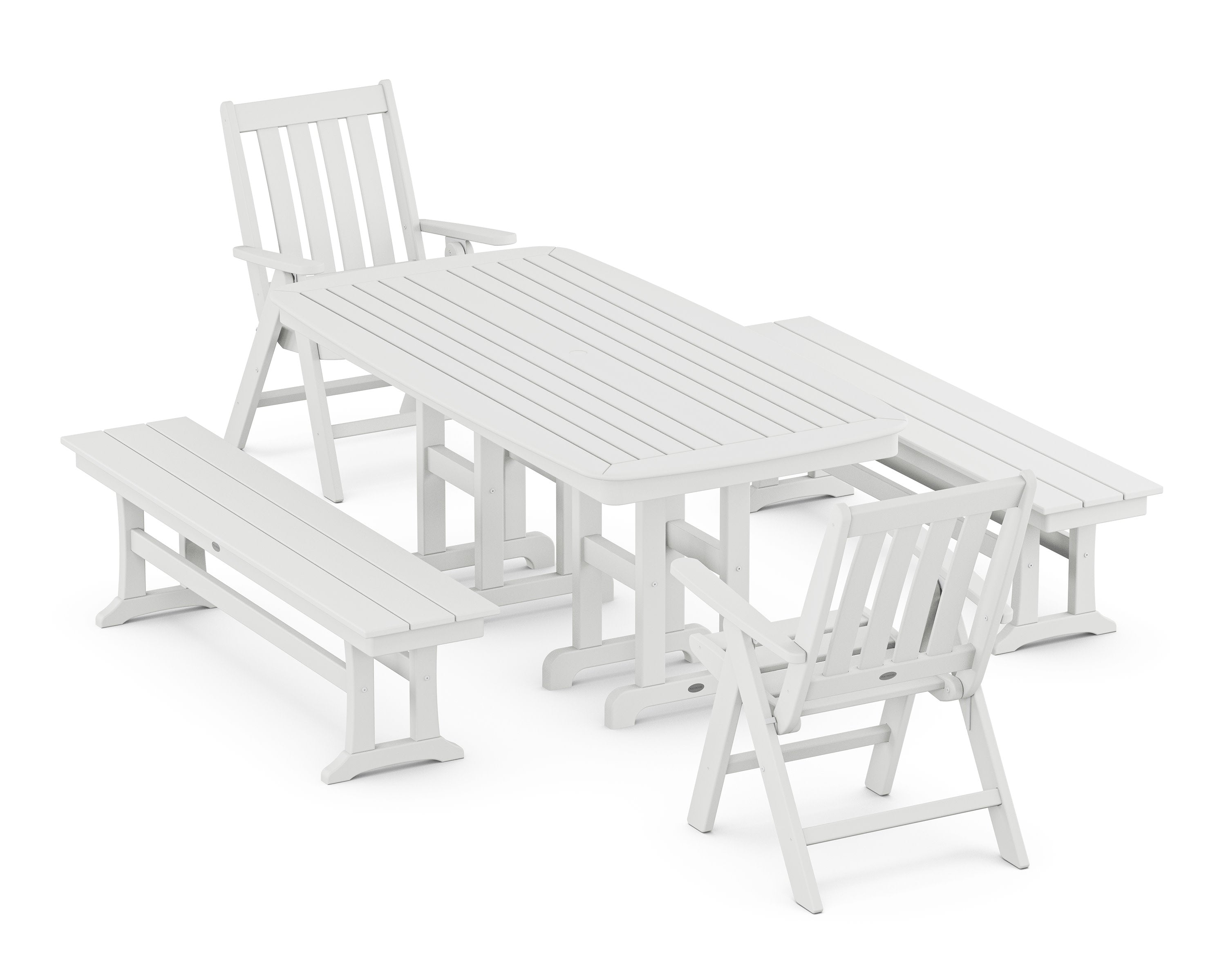 Vineyard Folding Chair 6-Piece Dining Set with Benches in White