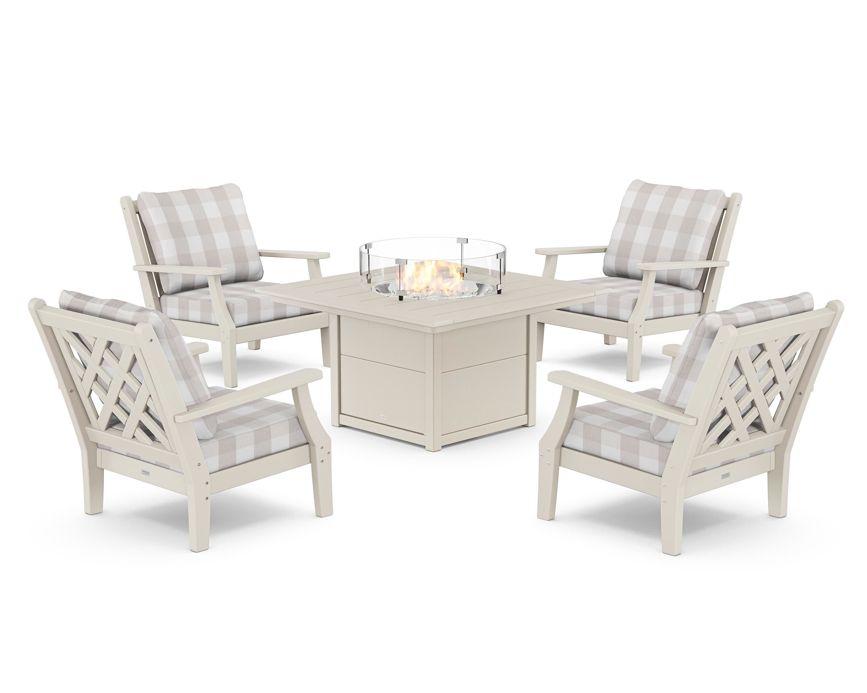 Wovendale 5-Piece Deep Seating Set with Fire Pit Table in Sand / Buffalo Plaid Dune Burlap
