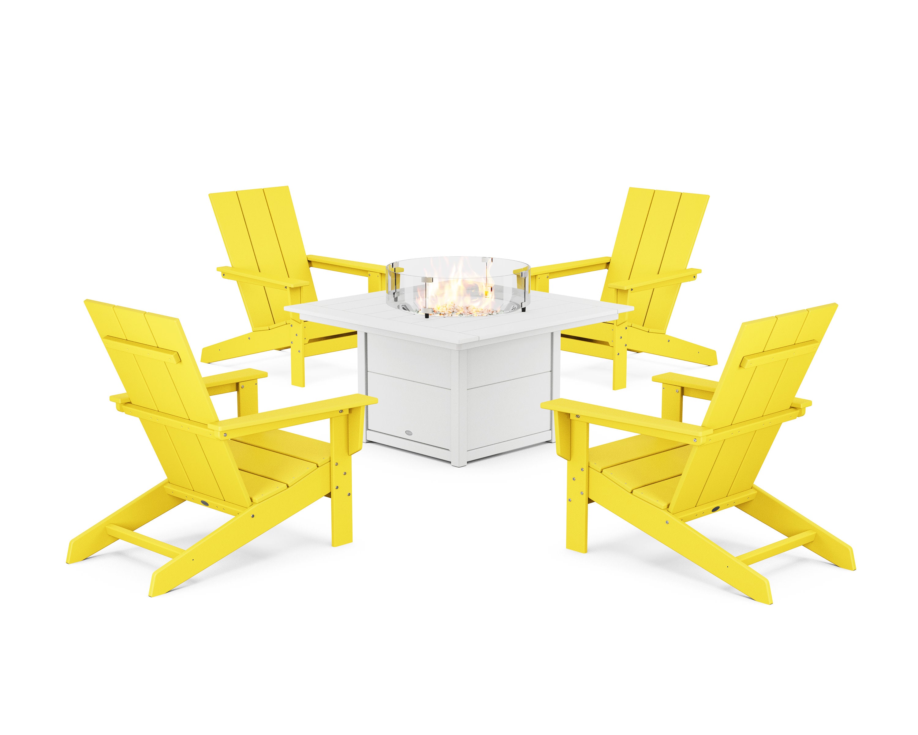 5-Piece Modern Studio Adirondack Conversation Set with Fire Pit Table in Lemon / White