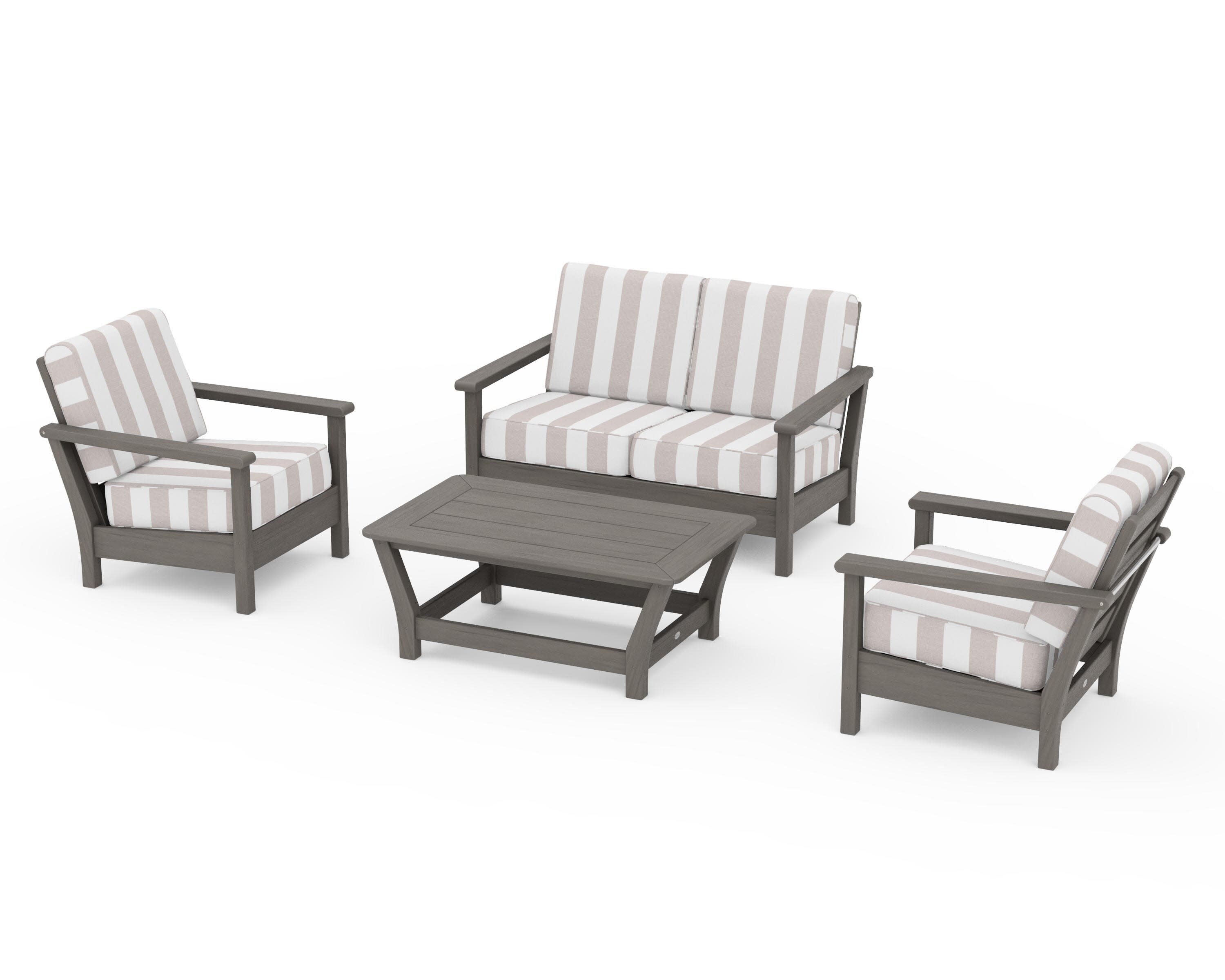 Harbour 4-Piece Deep Seating Set in Driftwood / Cabana Stripe Dune Burlap