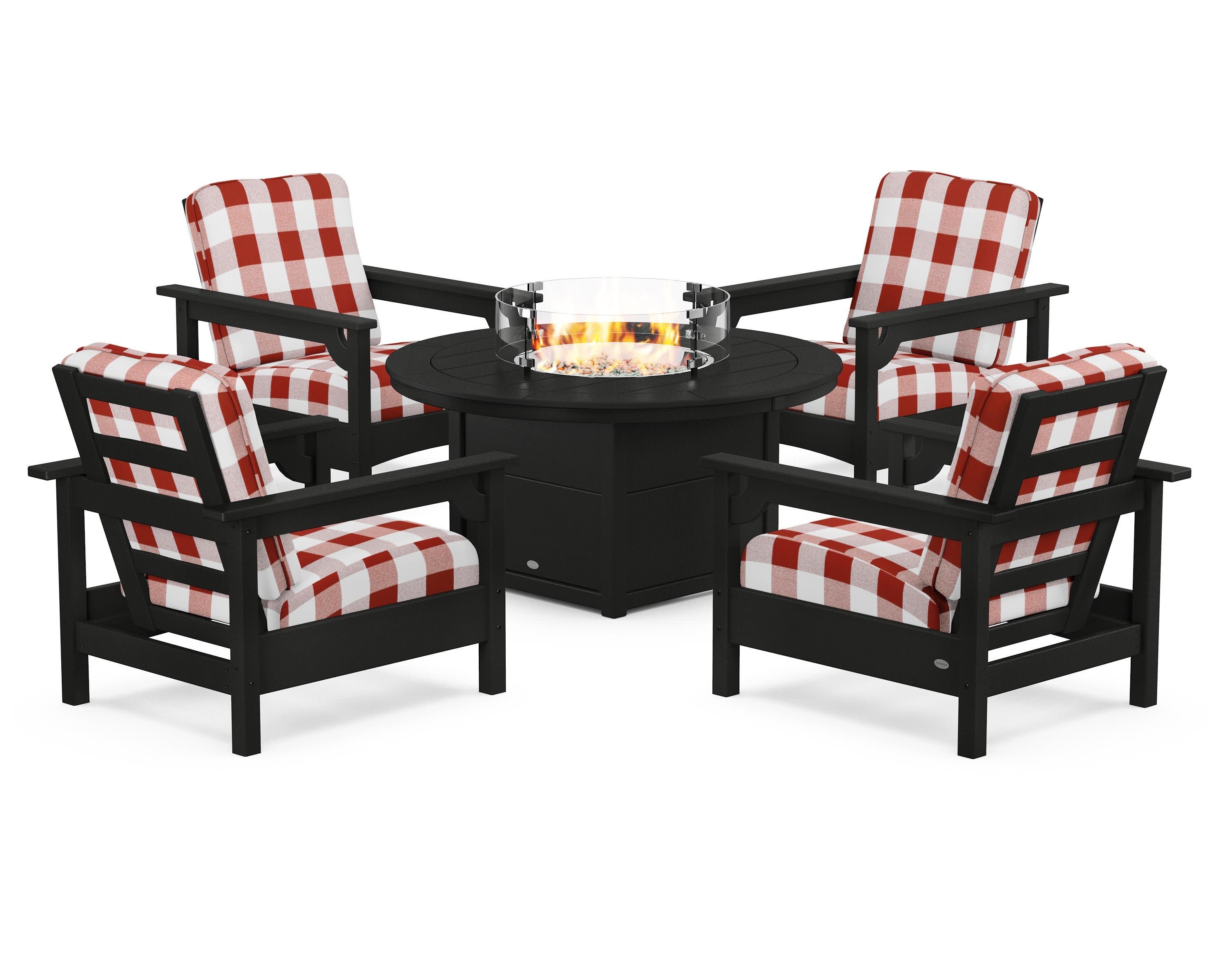 Club 5-Piece Conversation Set with Fire Pit Table in Black / Buffalo Plaid Crimson