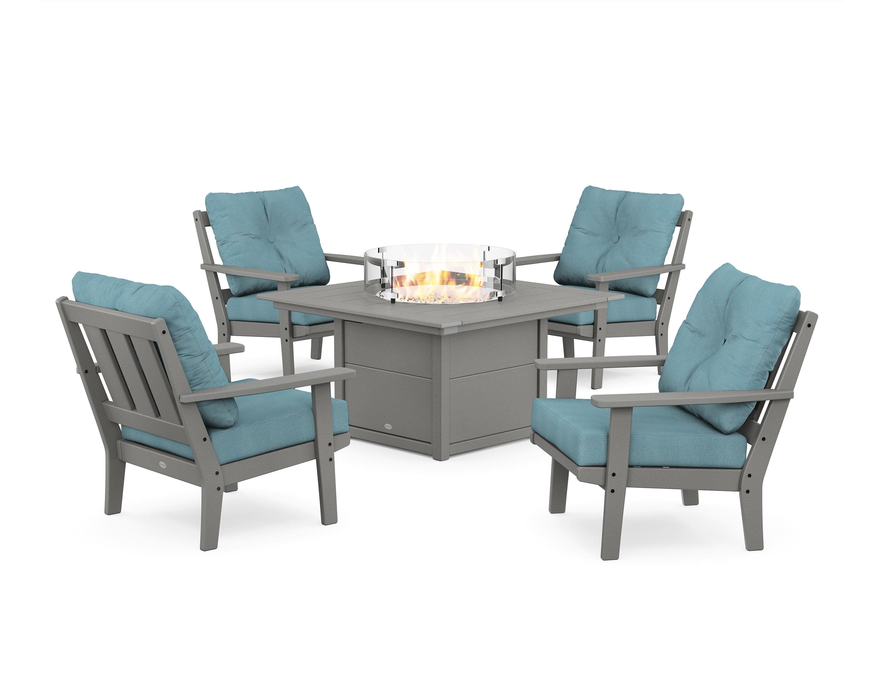Oxford 5-Piece Deep Seating Set with Fire Pit Table in Slate Grey / Lattice Sky Blue