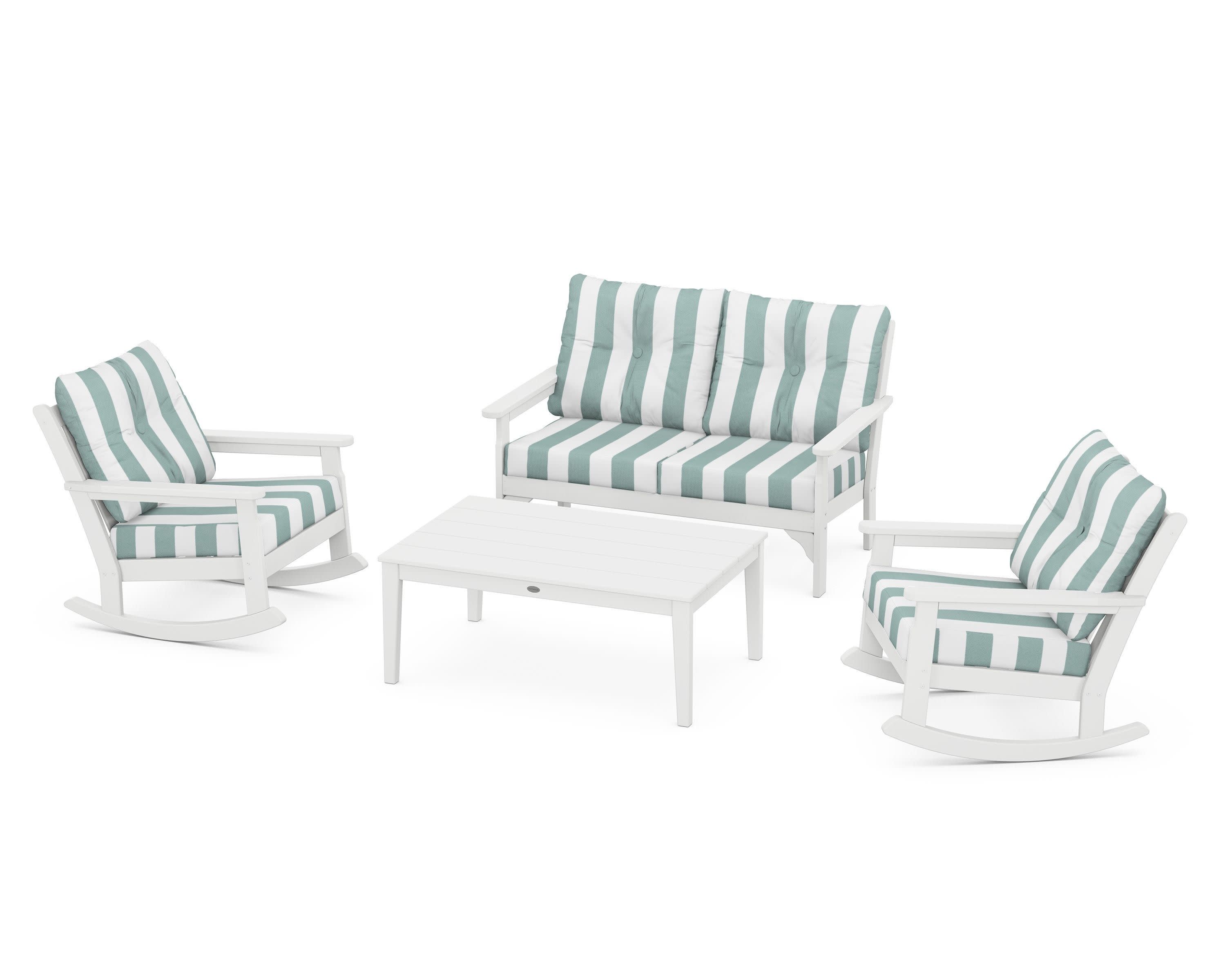 Vineyard 4-Piece Deep Seating Rocking Chair Set in White / Cabana Stripe Glacier Spa