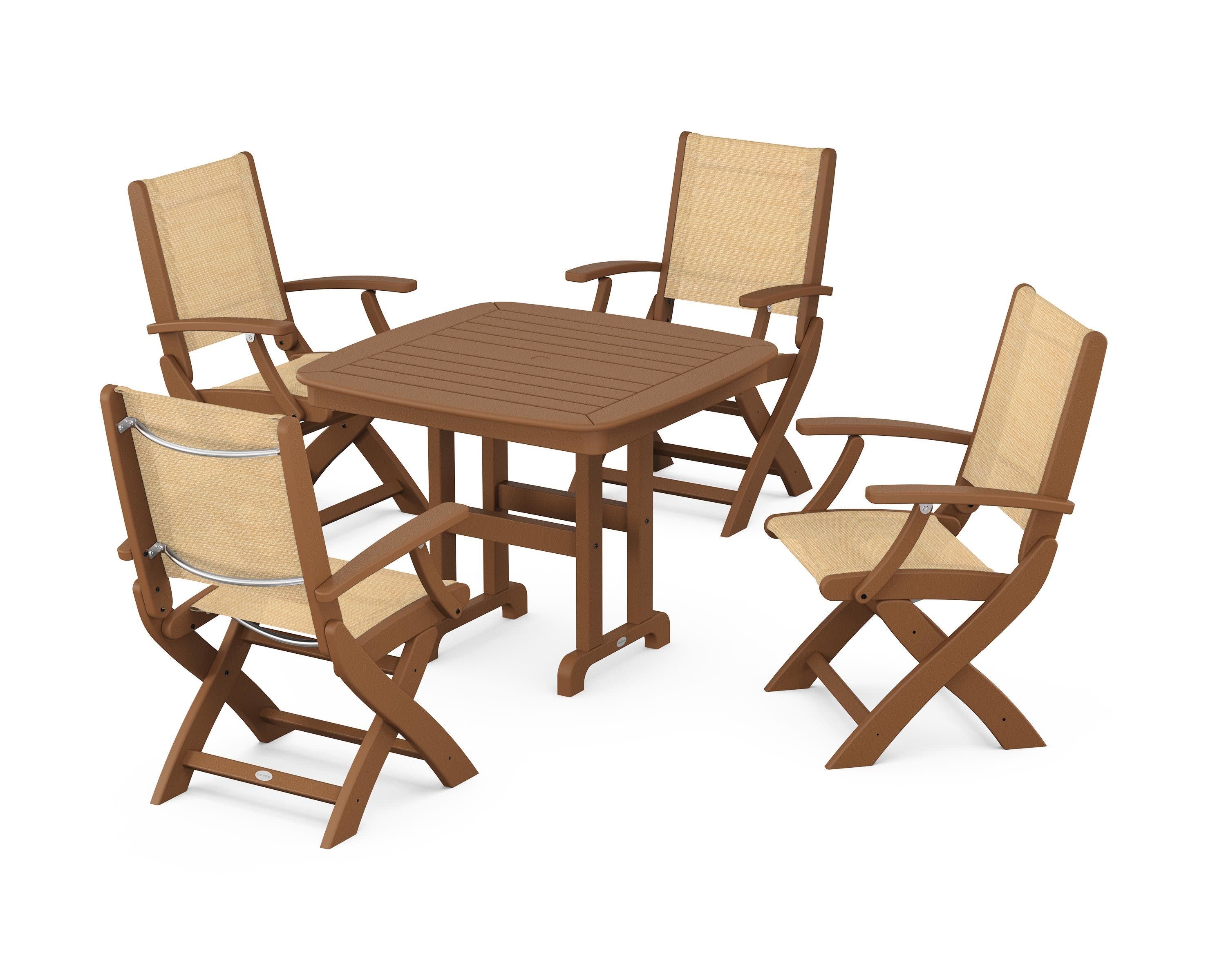 Coastal Folding Chair 5-Piece Dining Set in Teak / Dupioni Apricot Sling