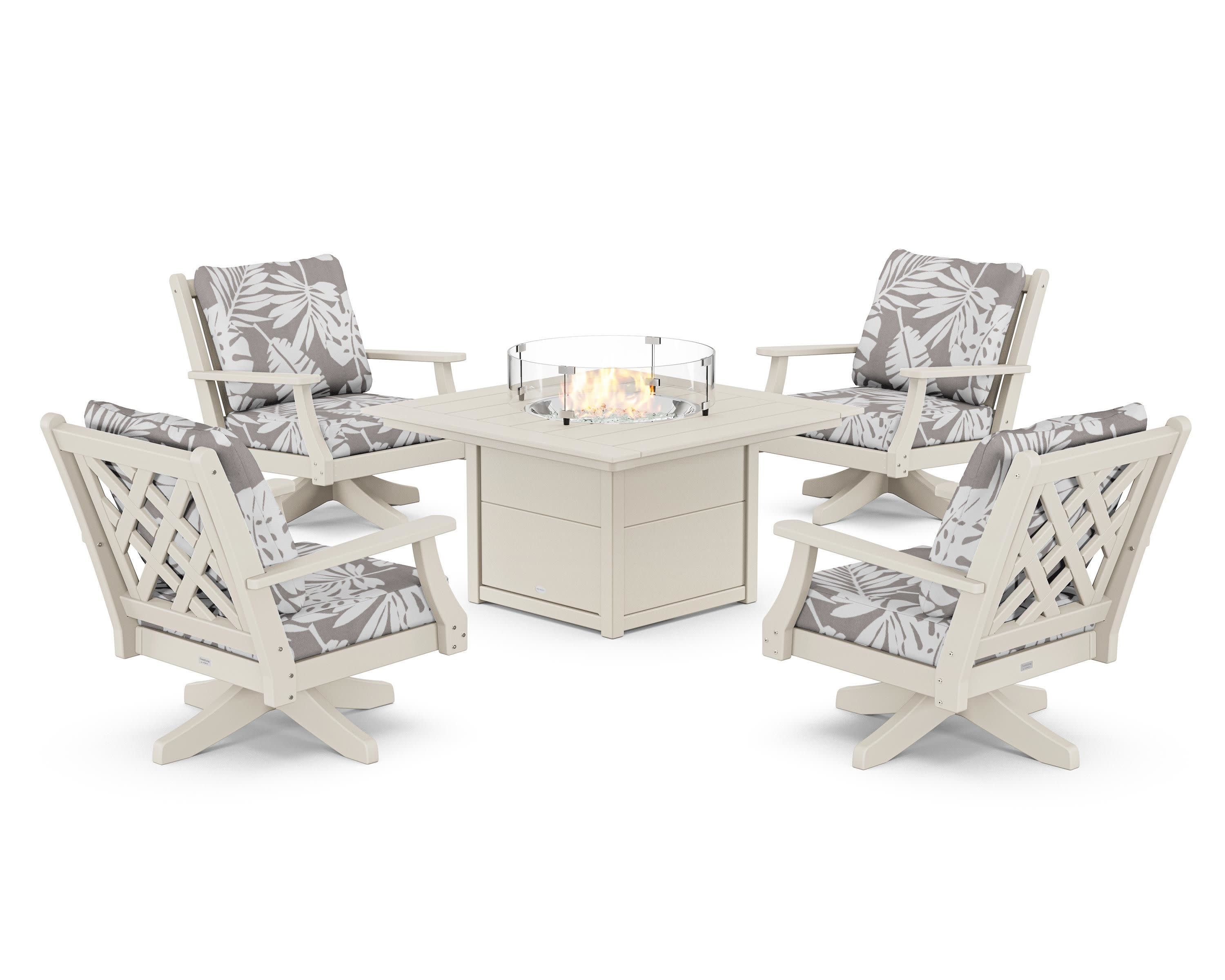 Wovendale 5-Piece Deep Seating Swivel Conversation Set with Fire Pit Table in Sand / Leaf Grey Mist