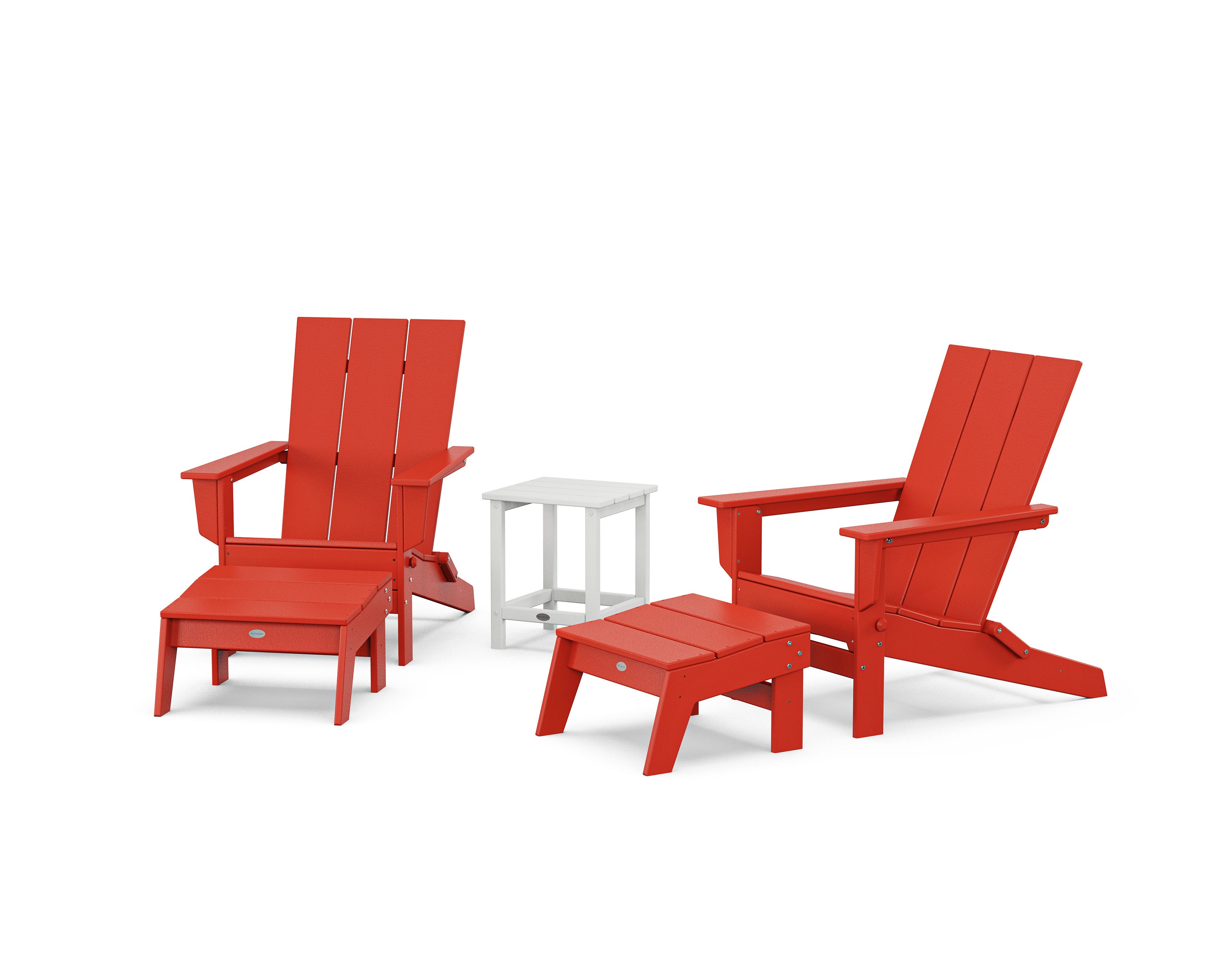 5-Piece Modern Studio Folding Adirondack Set with Ottomans and Side Table  in Sunset Red / White