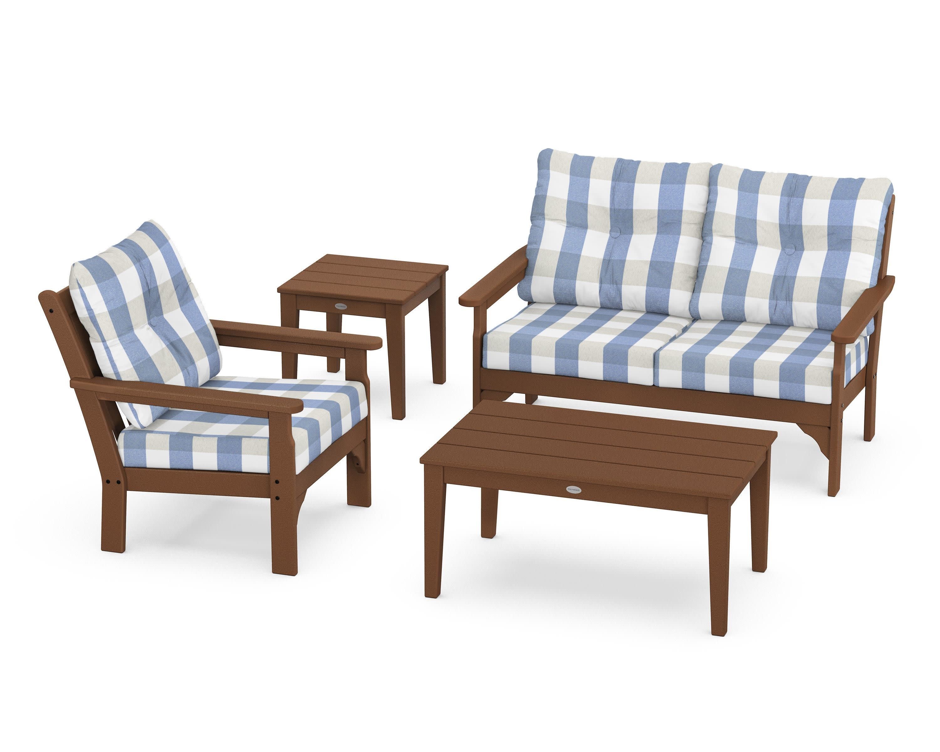 Vineyard 4-Piece Deep Seating Set in Teak / Buffalo Plaid Sky Blue