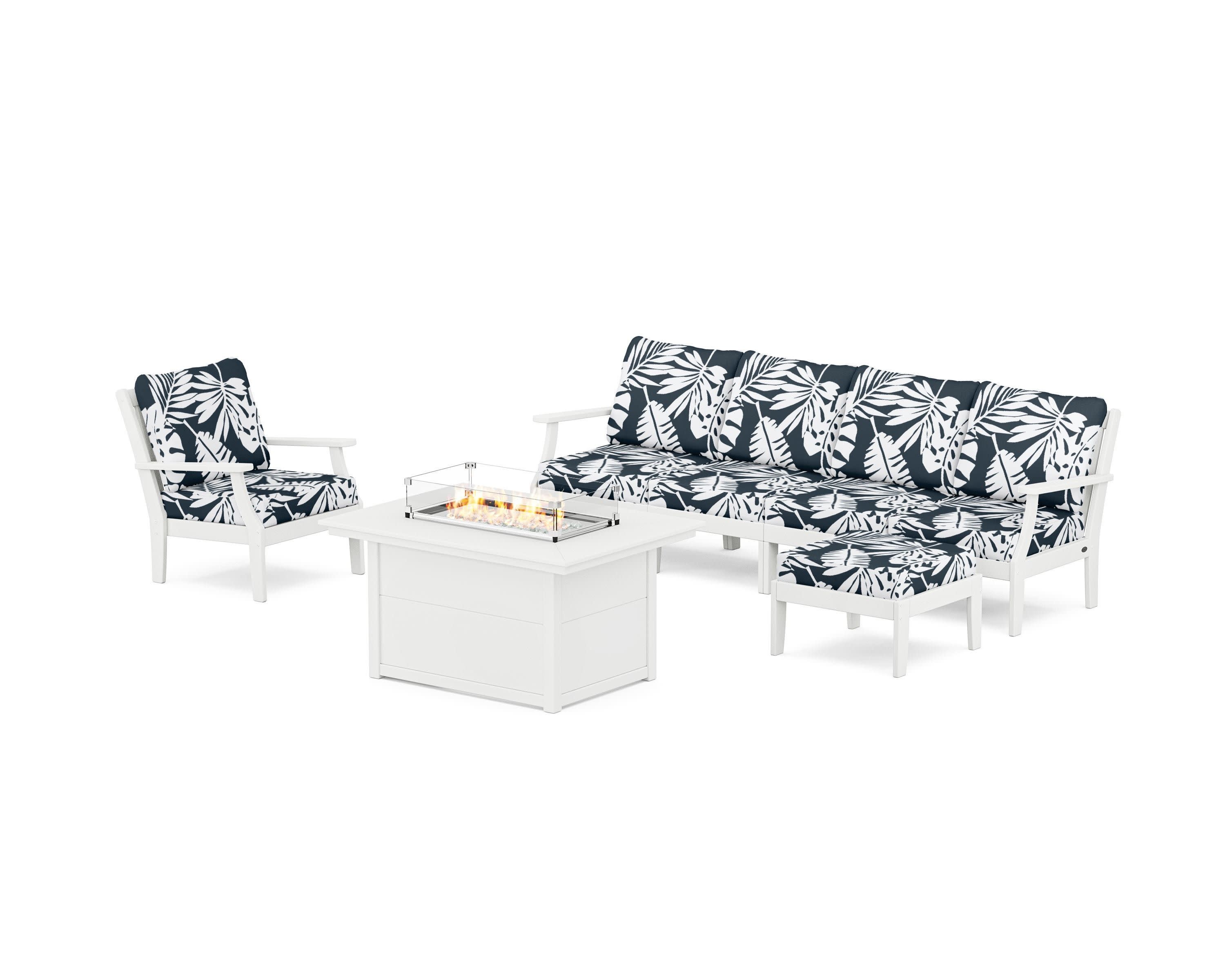 Braxton Sectional Lounge and Fire Pit Set in White / Leaf Marine Indigo
