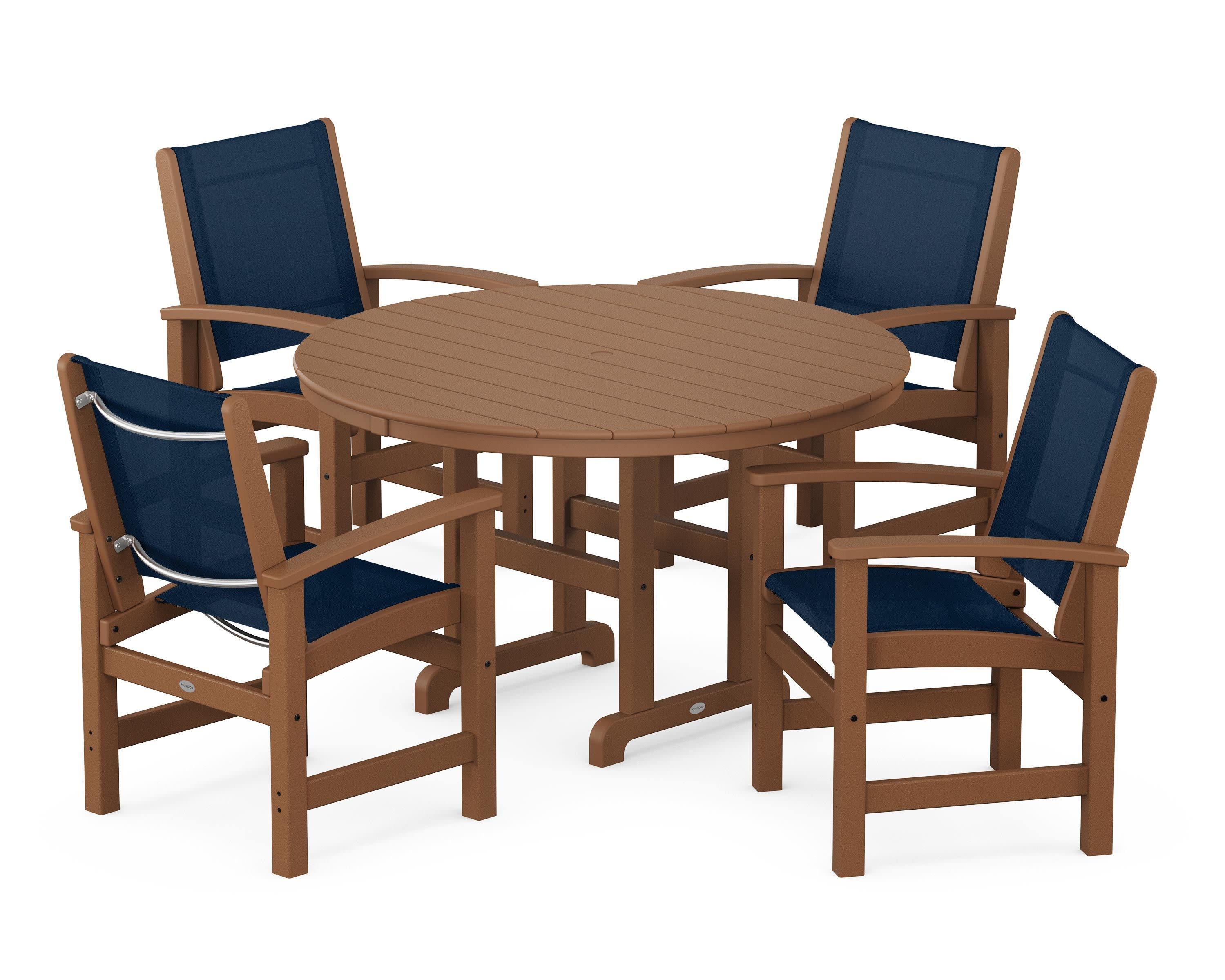 Coastal 5-Piece Round Farmhouse Dining Set in Teak / Navy Blue Sling