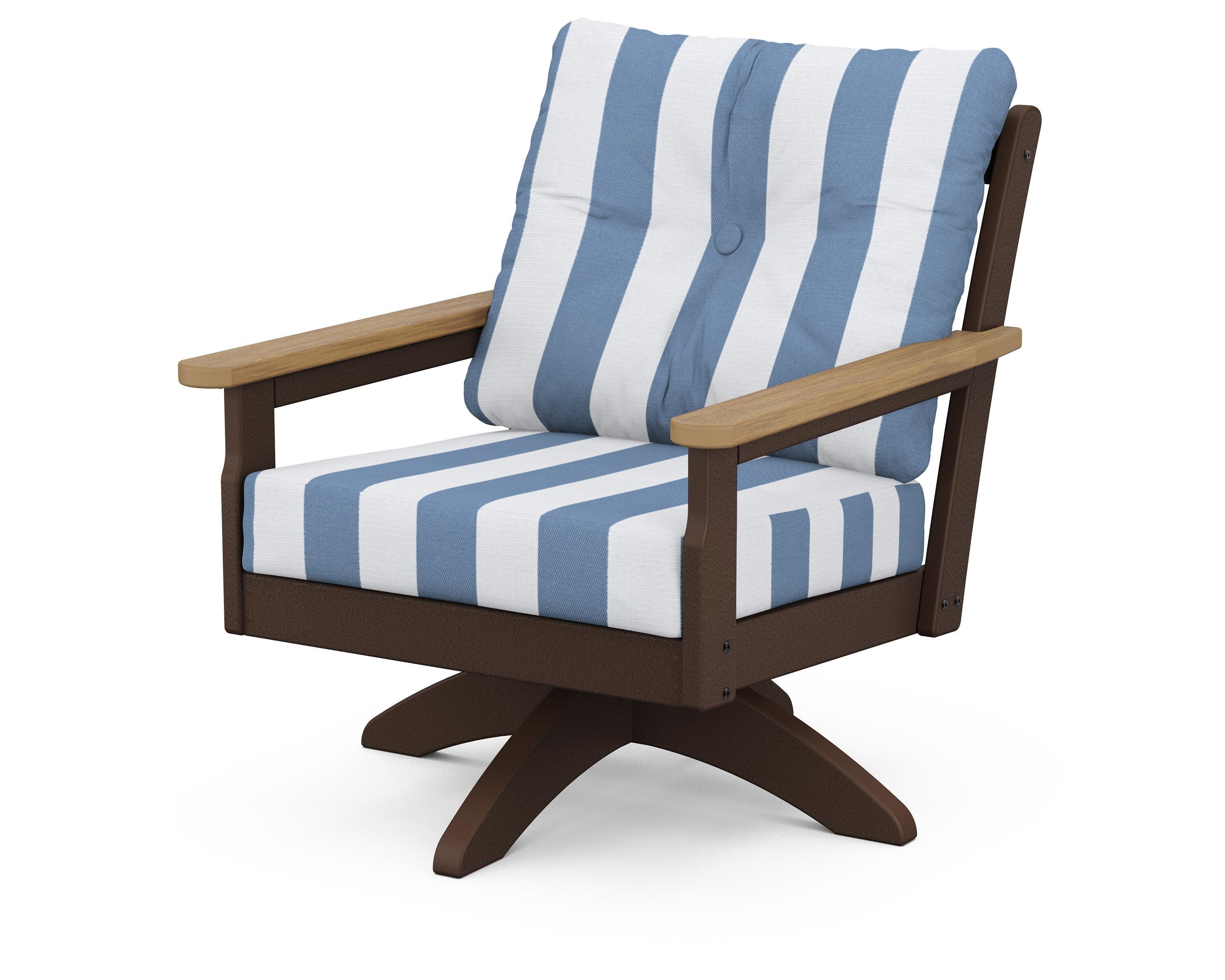 Vineyard Deep Seating Swivel Chair in Mahogany / Natural / Cabana Stripe Sky Blue