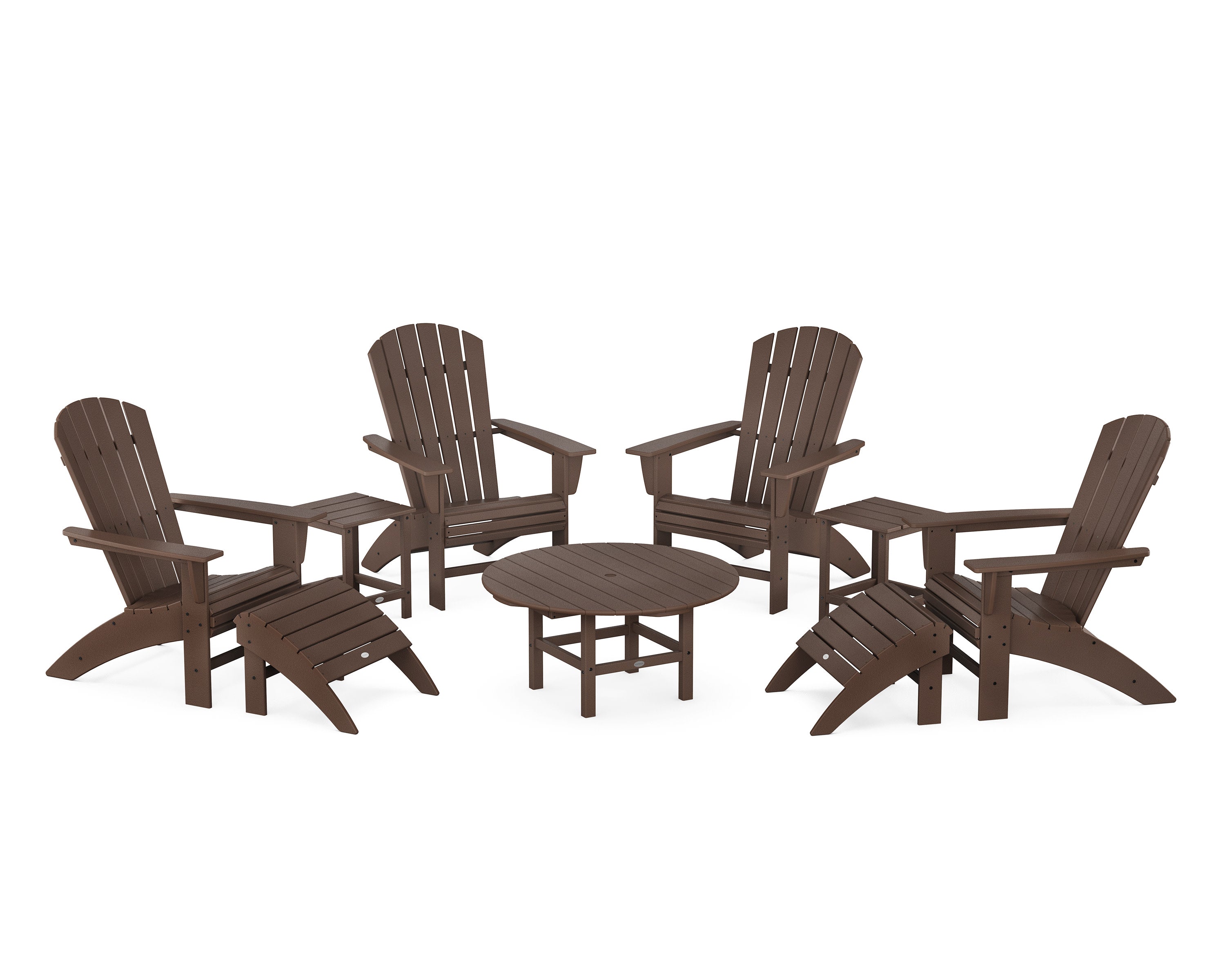 Nautical Curveback Adirondack Chair 9-Piece Conversation Set in Mahogany