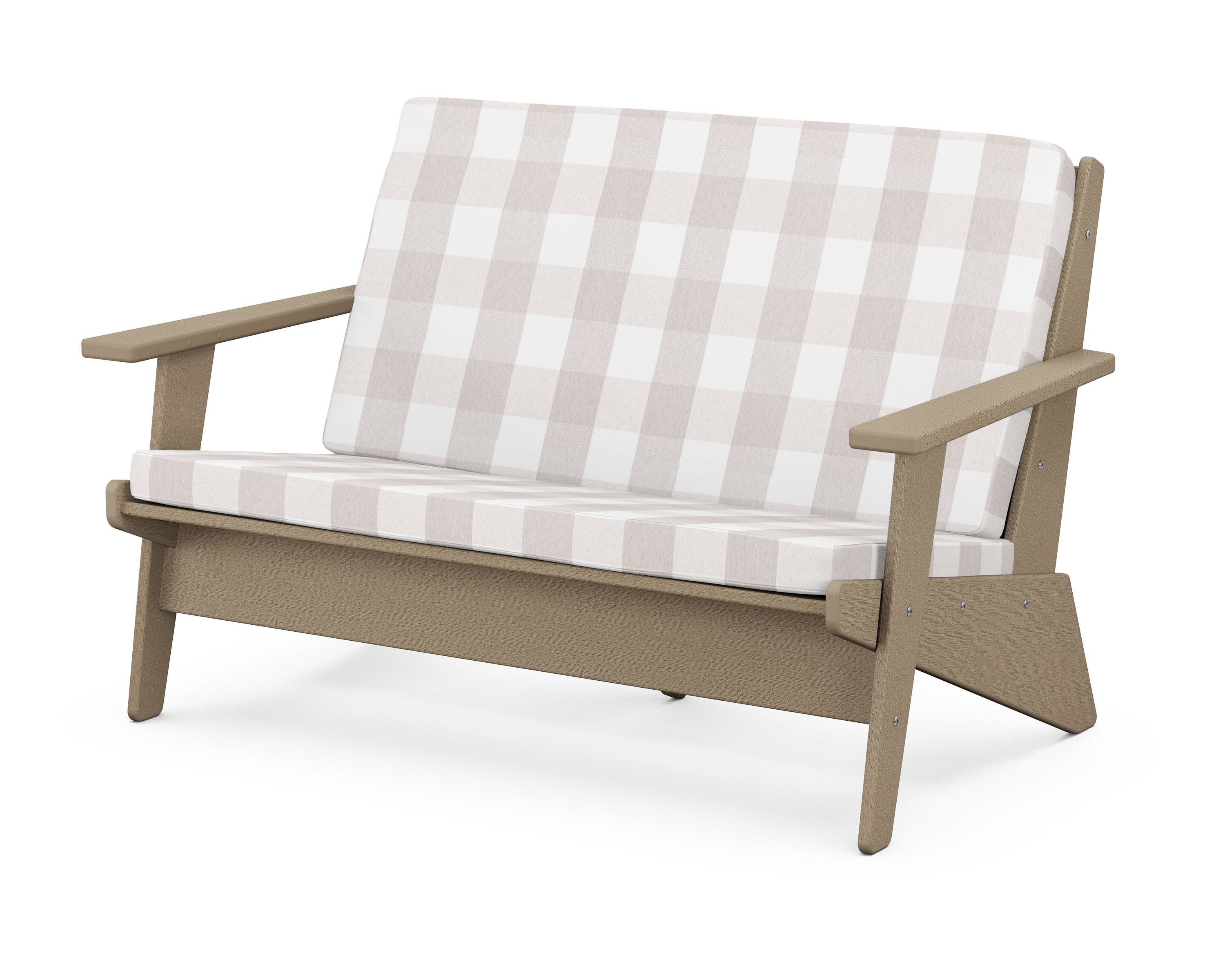 Riviera Modern Lounge Loveseat in Vintage Sahara / Buffalo Plaid Dune Burlap
