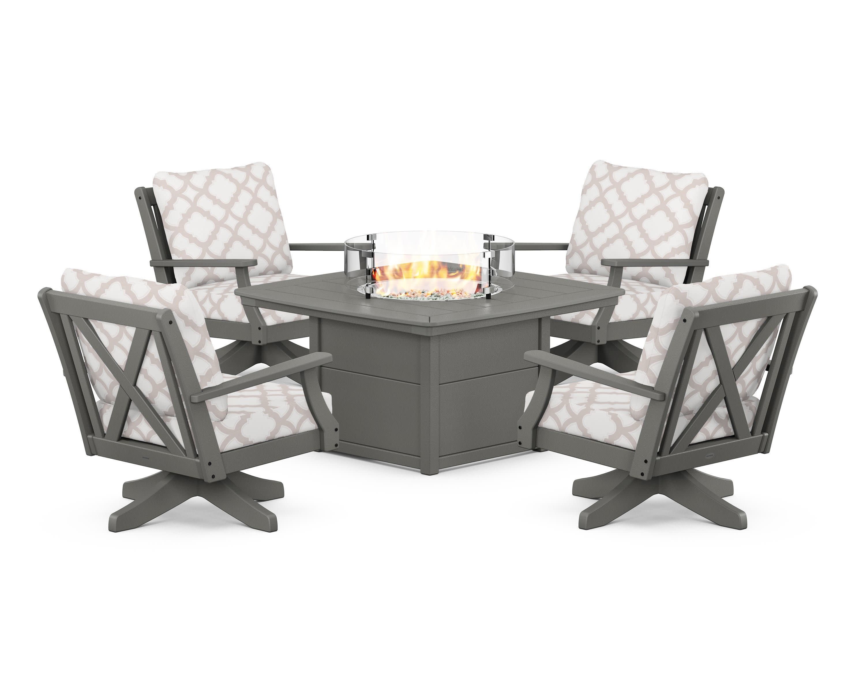 Braxton 5-Piece Deep Seating Swivel Conversation Set with Fire Pit Table in Slate Grey / Trellis Dune Burlap