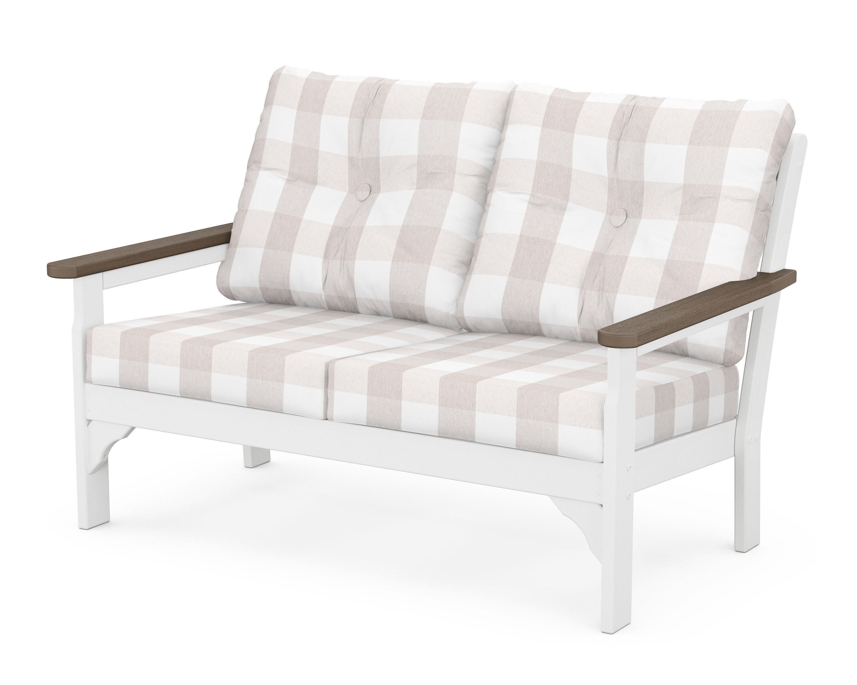 Vineyard Deep Seating Loveseat in White / Kona / Buffalo Plaid Dune Burlap