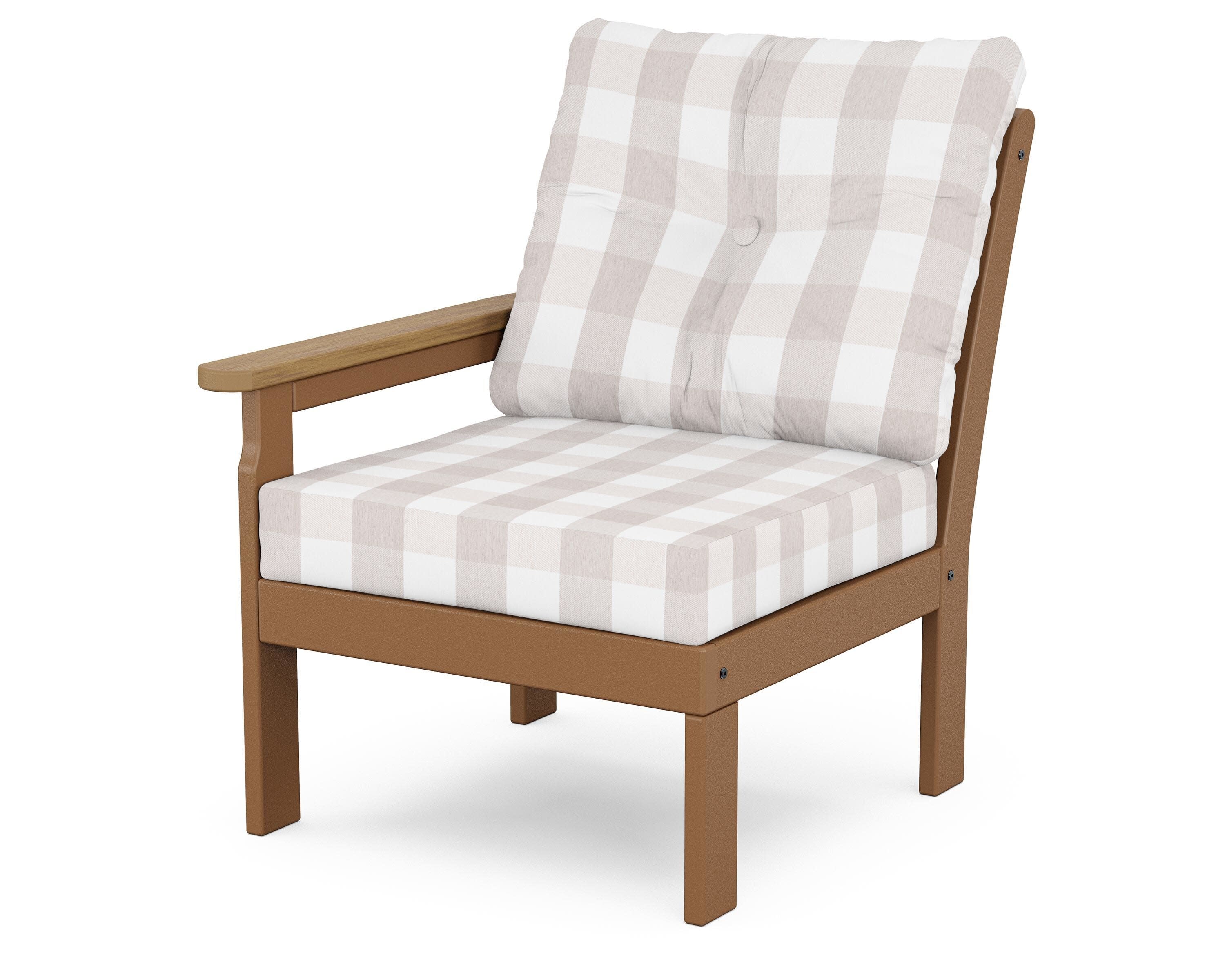 Vineyard Modular Left Arm Chair in Teak / Natural / Buffalo Plaid Dune Burlap