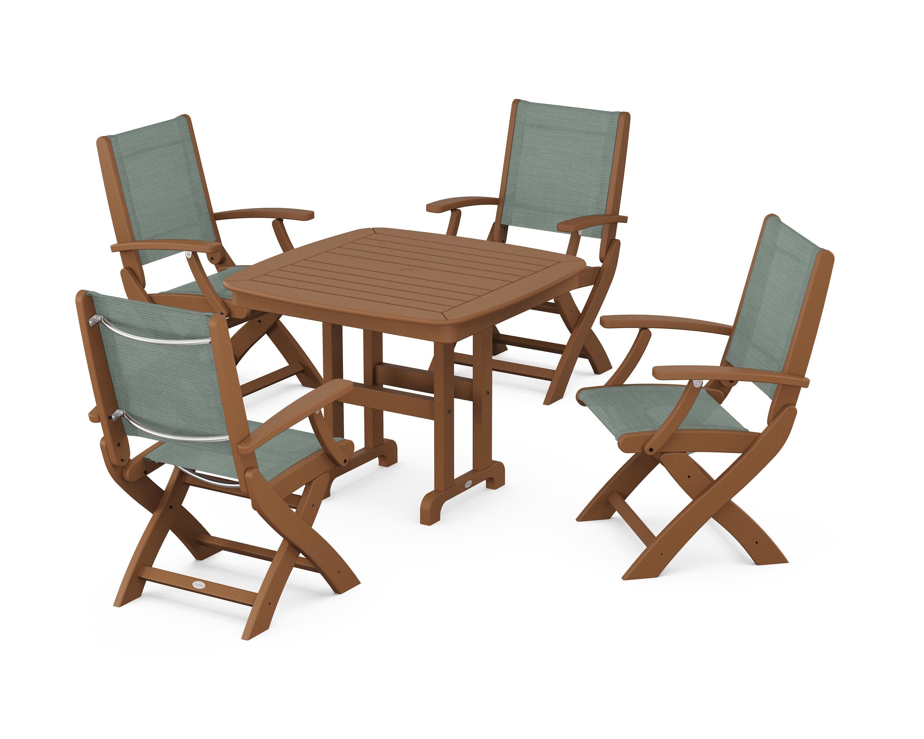 Coastal Folding Chair 5-Piece Dining Set in Teak / Dupioni Sea Mist Sling