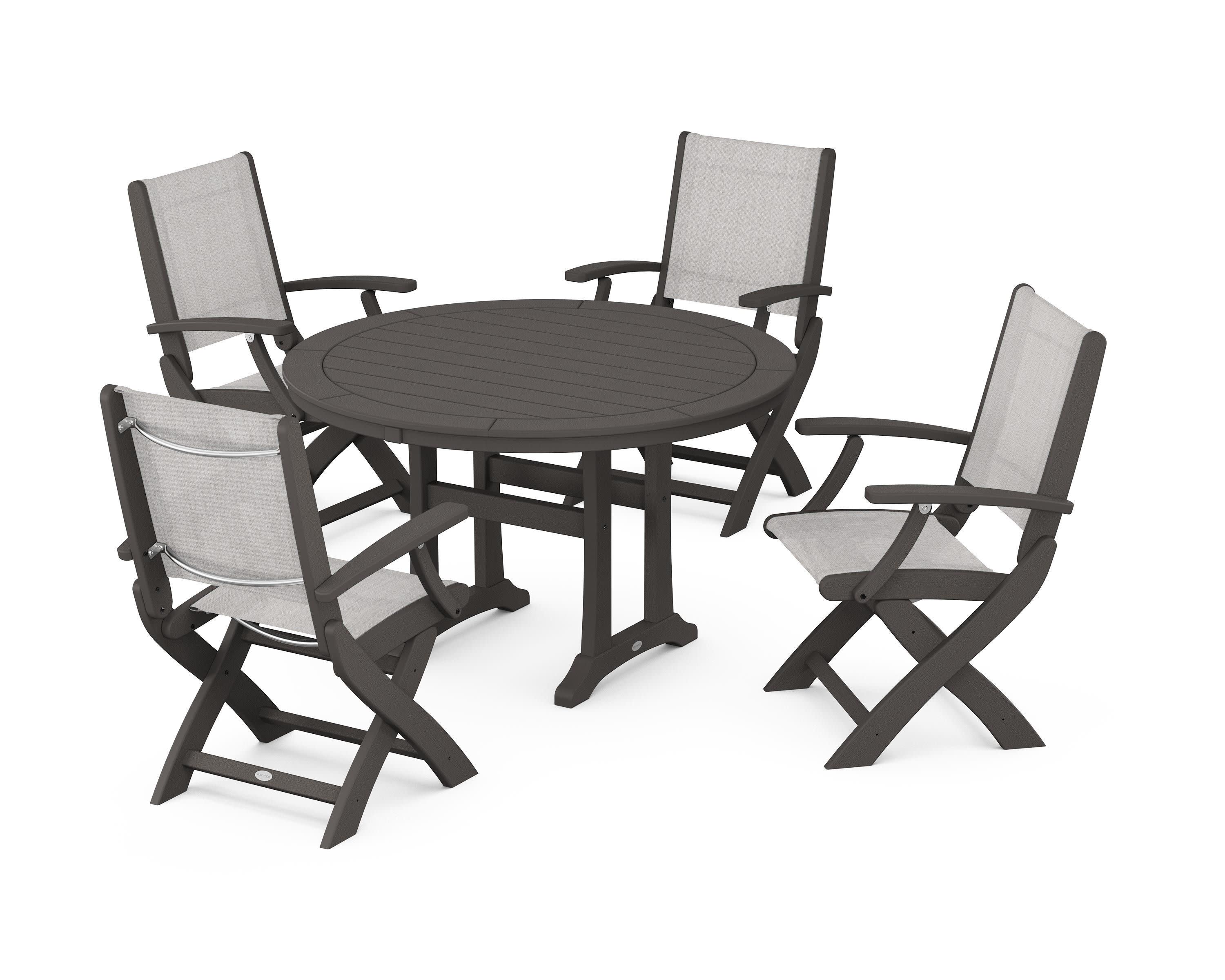 Coastal Folding Chair 5-Piece Round Dining Set with Trestle Legs in Vintage Coffee / Parchment Sling
