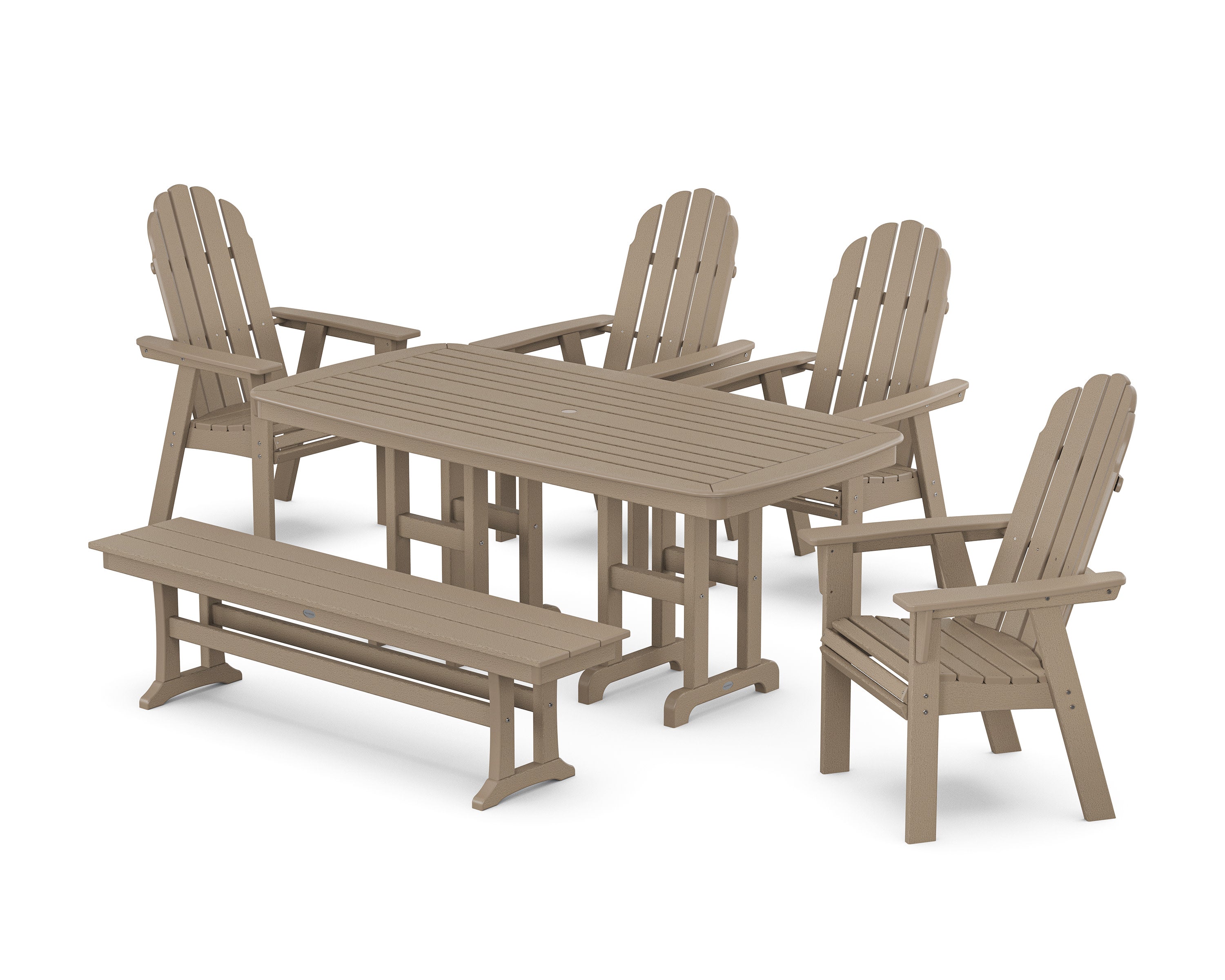 Vineyard Curveback Adirondack Chair 6-Piece Dining Set with Bench in Vintage Sahara