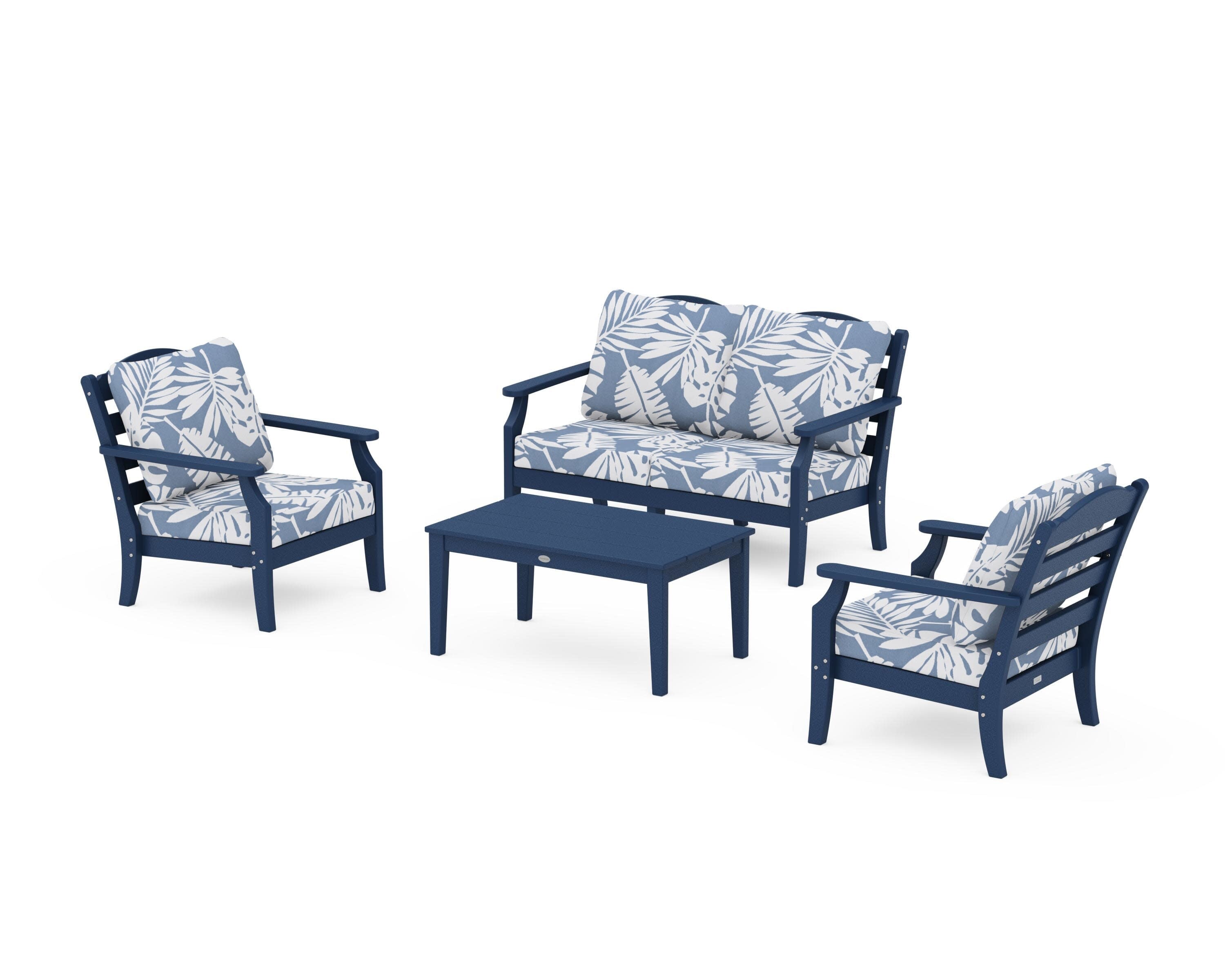 Savannah 4-Piece Deep Seating Set with Loveseat in Navy / Leaf Sky Blue