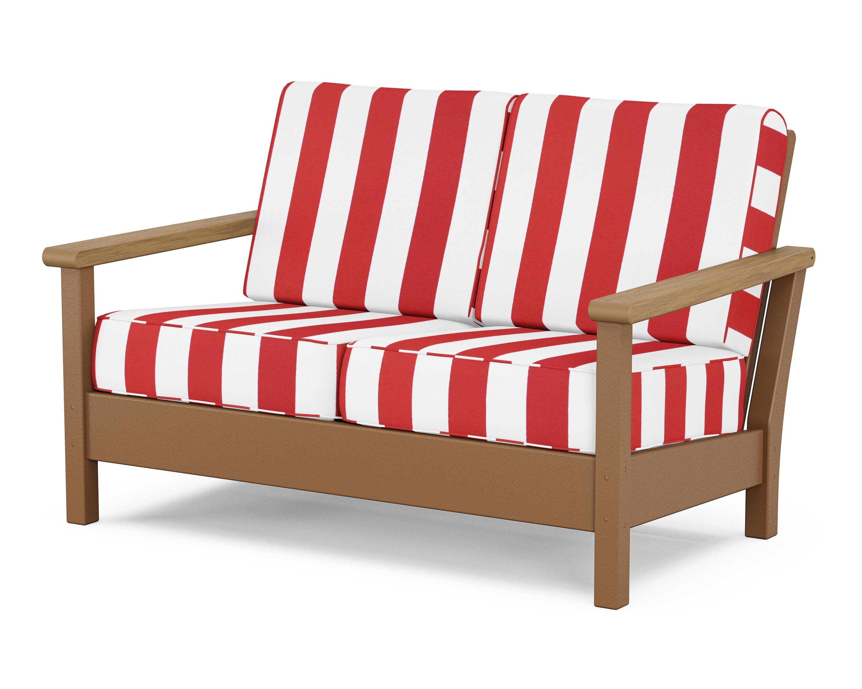 Harbour Deep Seating Loveseat in Teak / Natural / Cabana Stripe Crimson