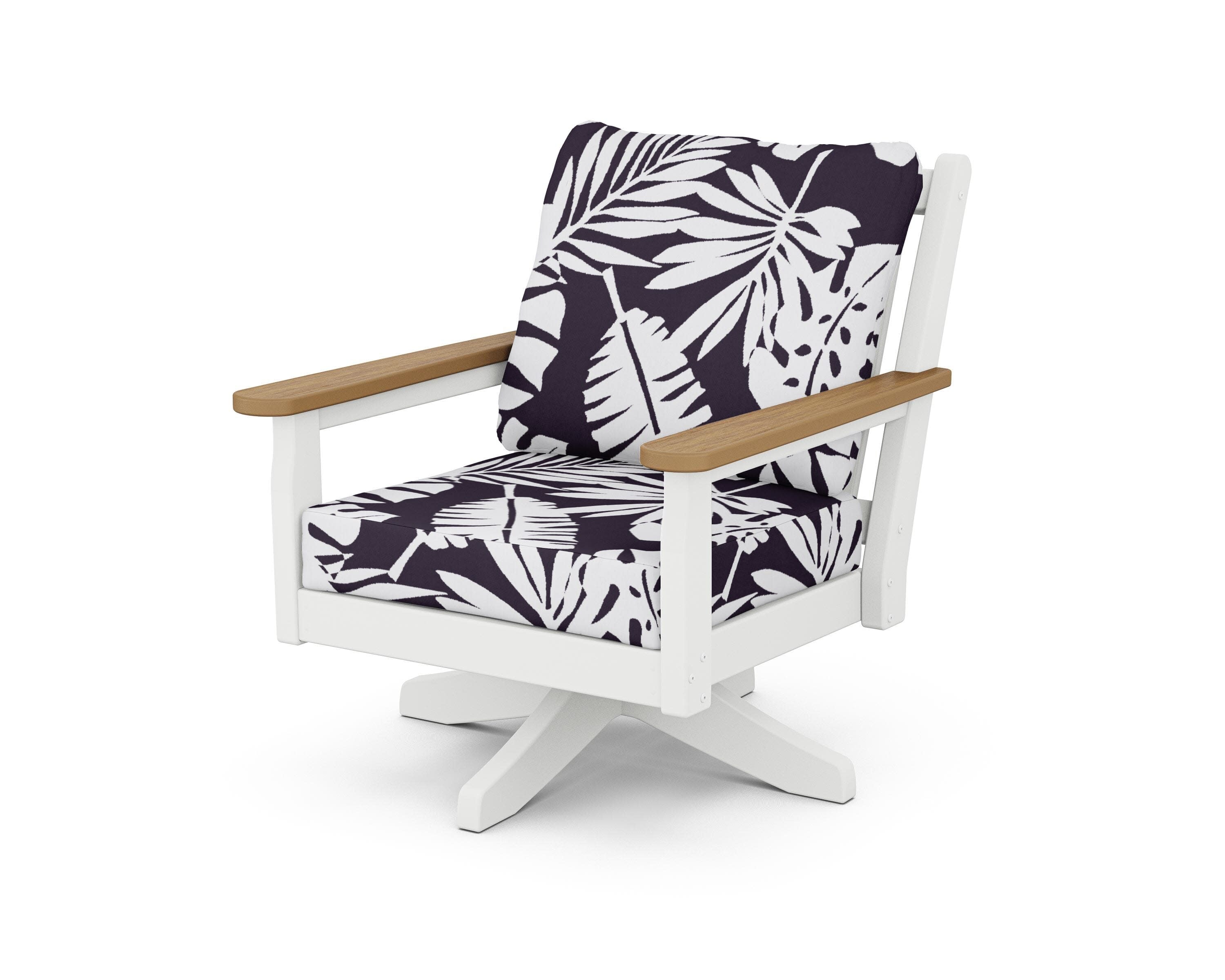 Chippendale Deep Seating Swivel Chair in White / Natural / Leaf Navy