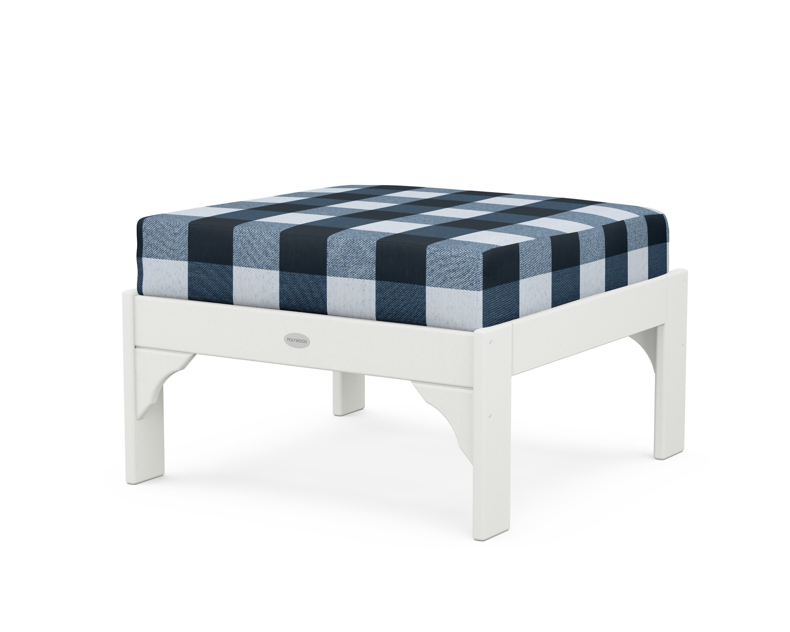 Vineyard Deep Seating Ottoman in Vintage White / Buffalo Plaid Marine Indigo