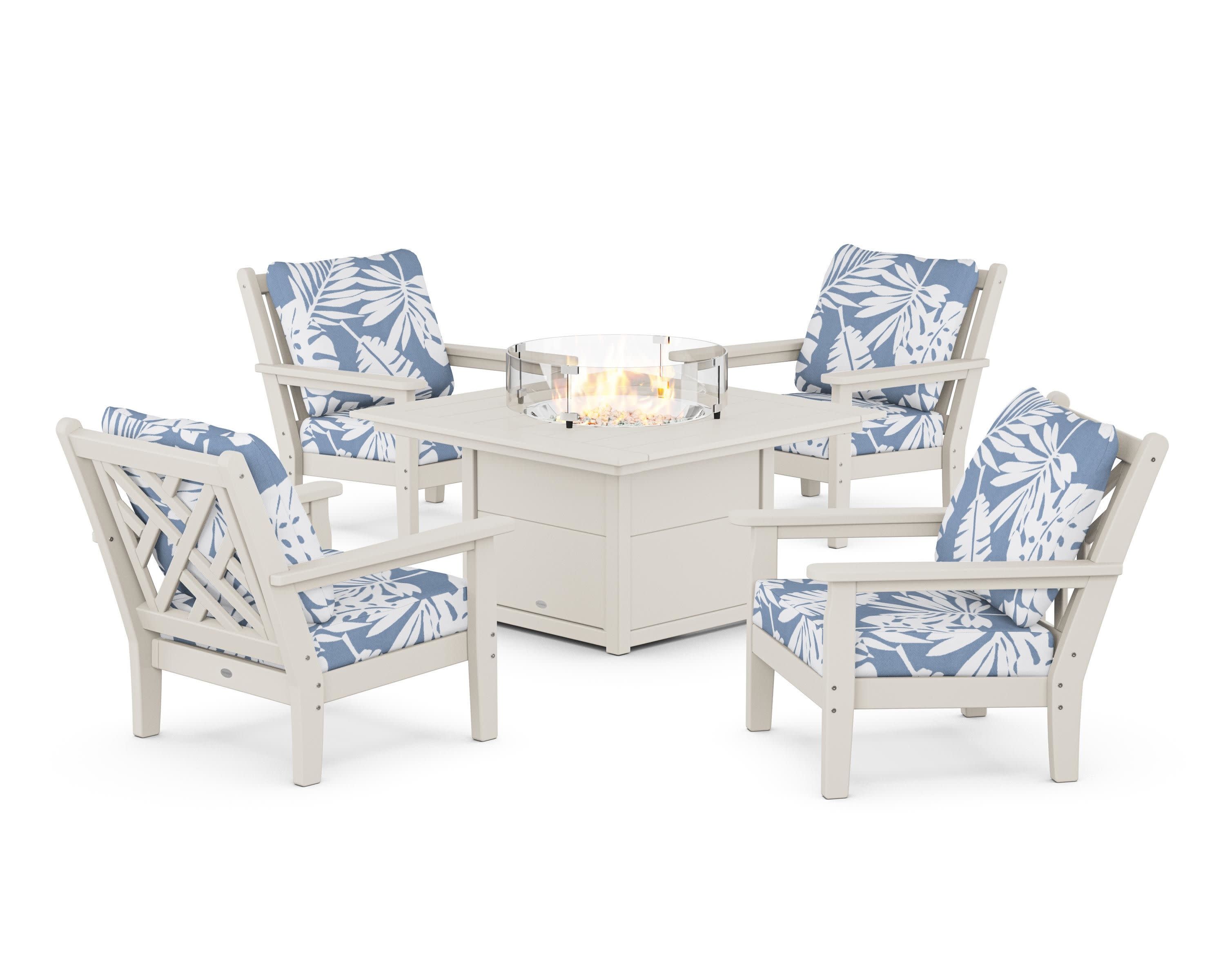 Chippendale 5-Piece Deep Seating Set with Fire Pit Table in Sand / Leaf Sky Blue