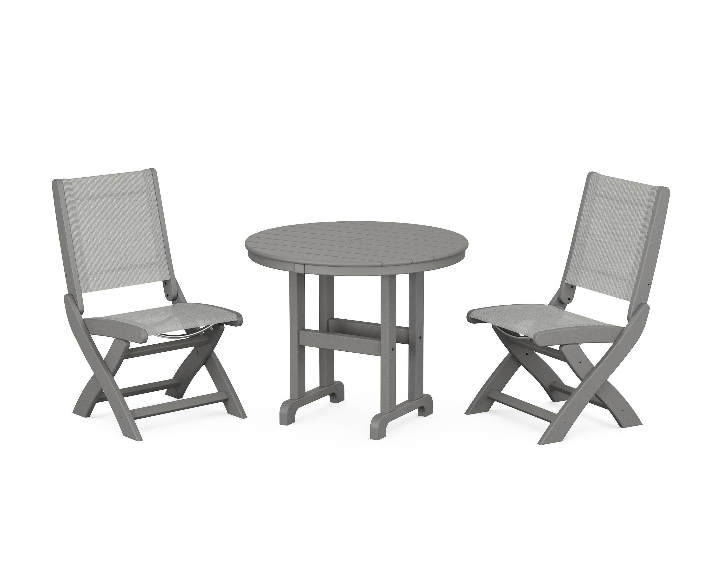 Coastal Folding Side Chair 3-Piece Round Dining Set in Slate Grey / Metallic Sling