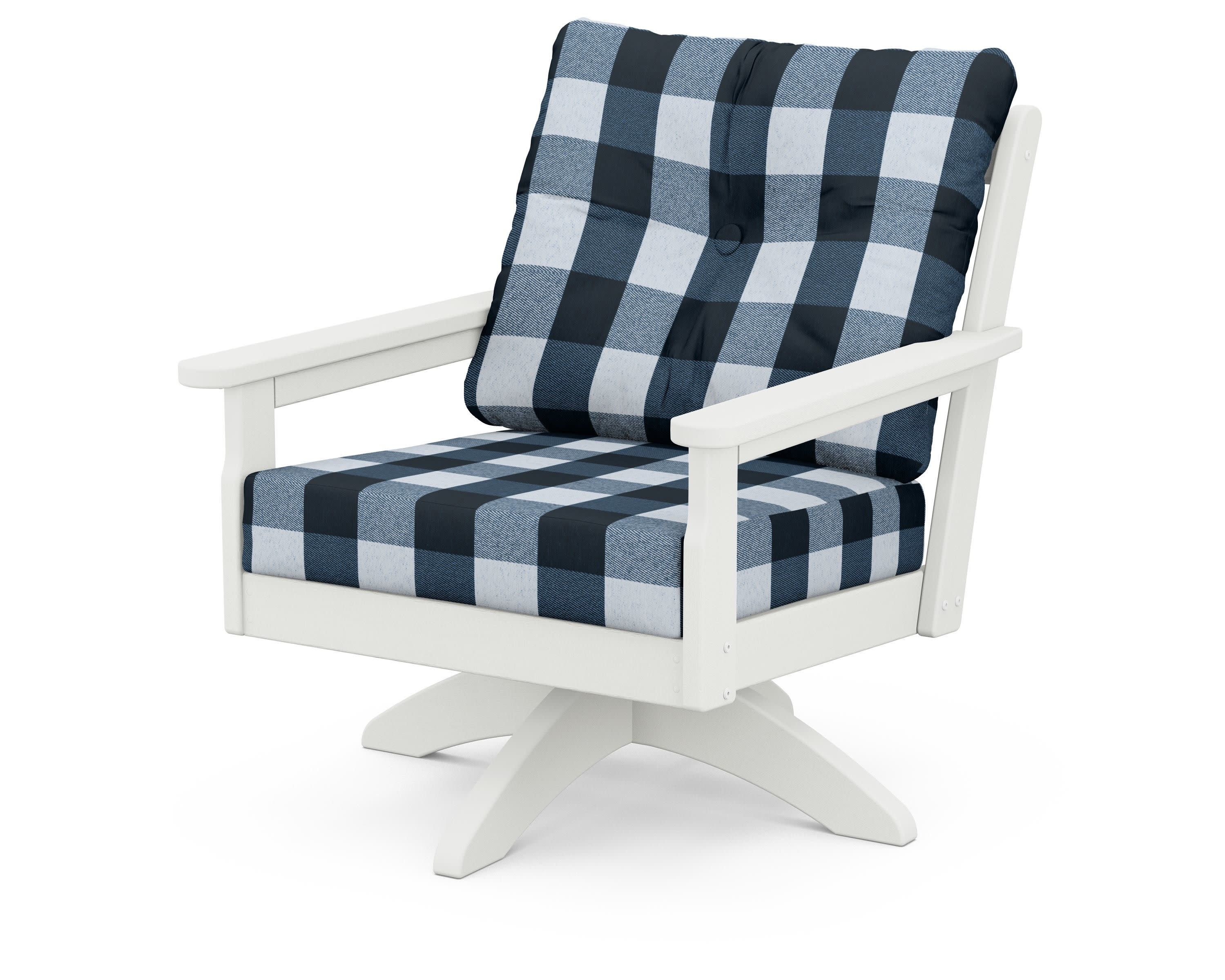 Vineyard Deep Seating Swivel Chair in Vintage White / Buffalo Plaid Marine Indigo