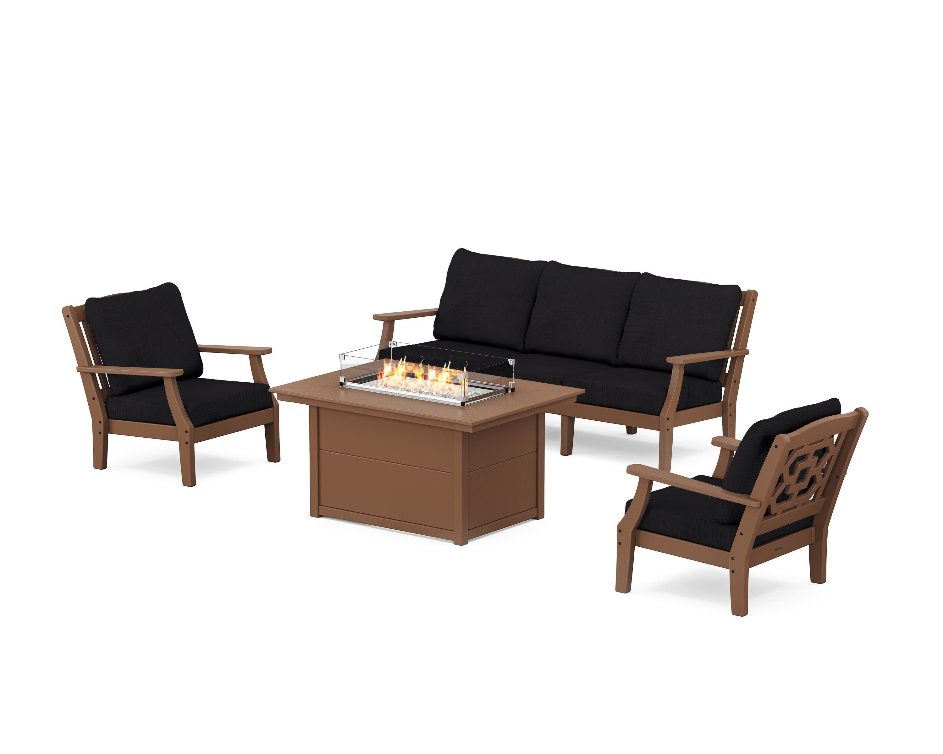 Chinoiserie Deep Seating Fire Pit Table Set in Teak / Midnight Linen