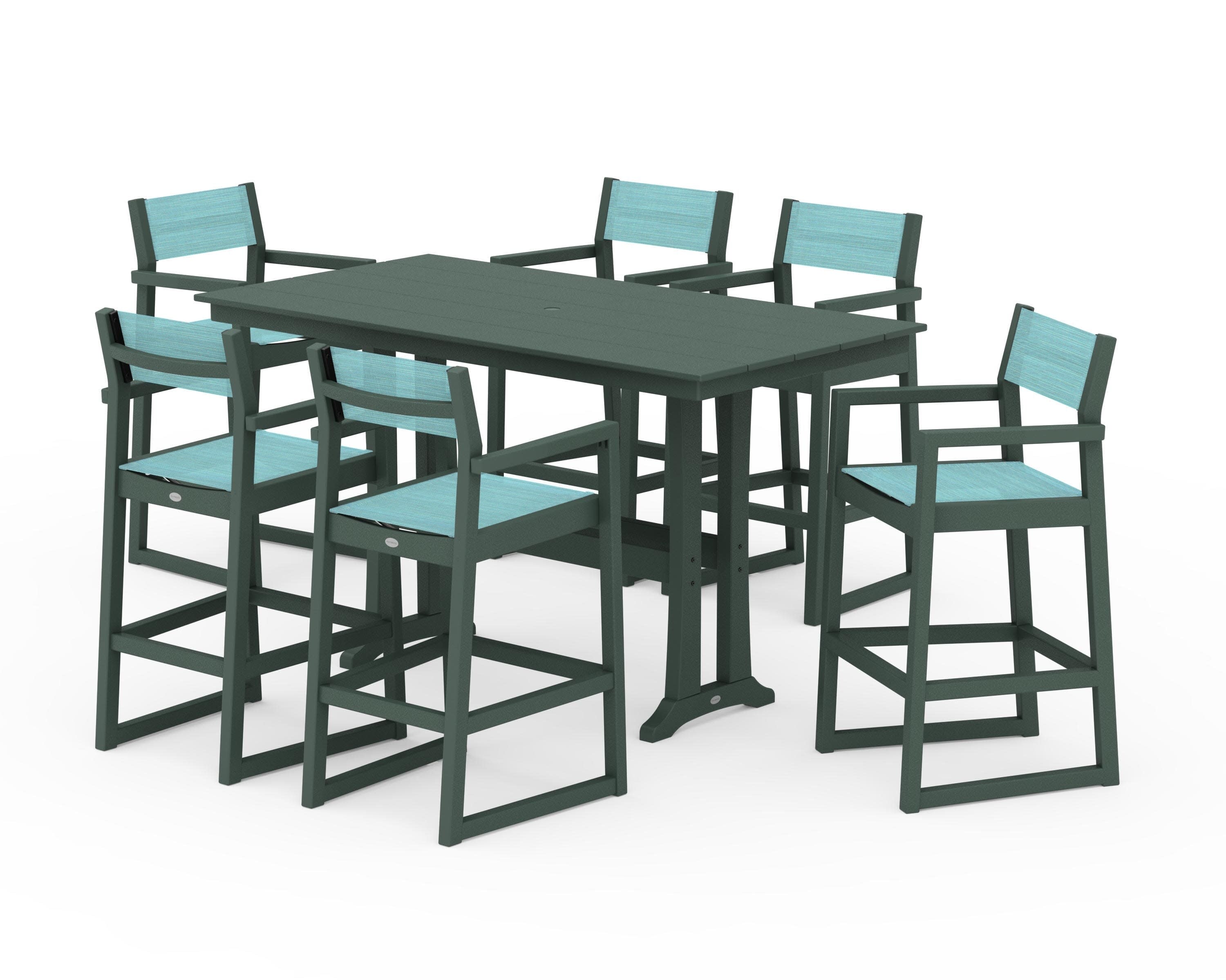 EDGE Sling Arm Chair 7-Piece Farmhouse Bar Set with Trestle Legs in Green / Dupioni Aquamarine Sling